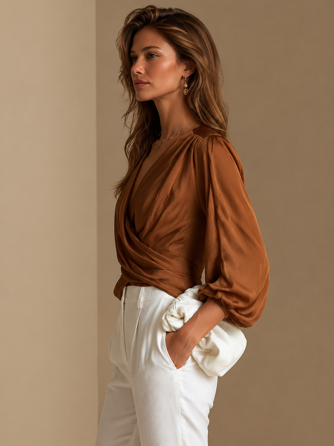 Elegant Warm Brown Wrap Blouse