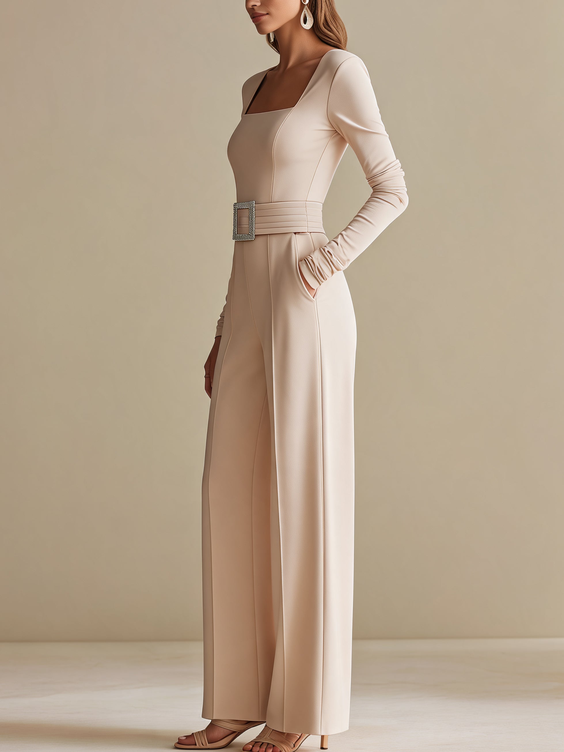 Elegant Square Neck Long Sleeve Wide Leg Jumpsuit With Crystal Belt
