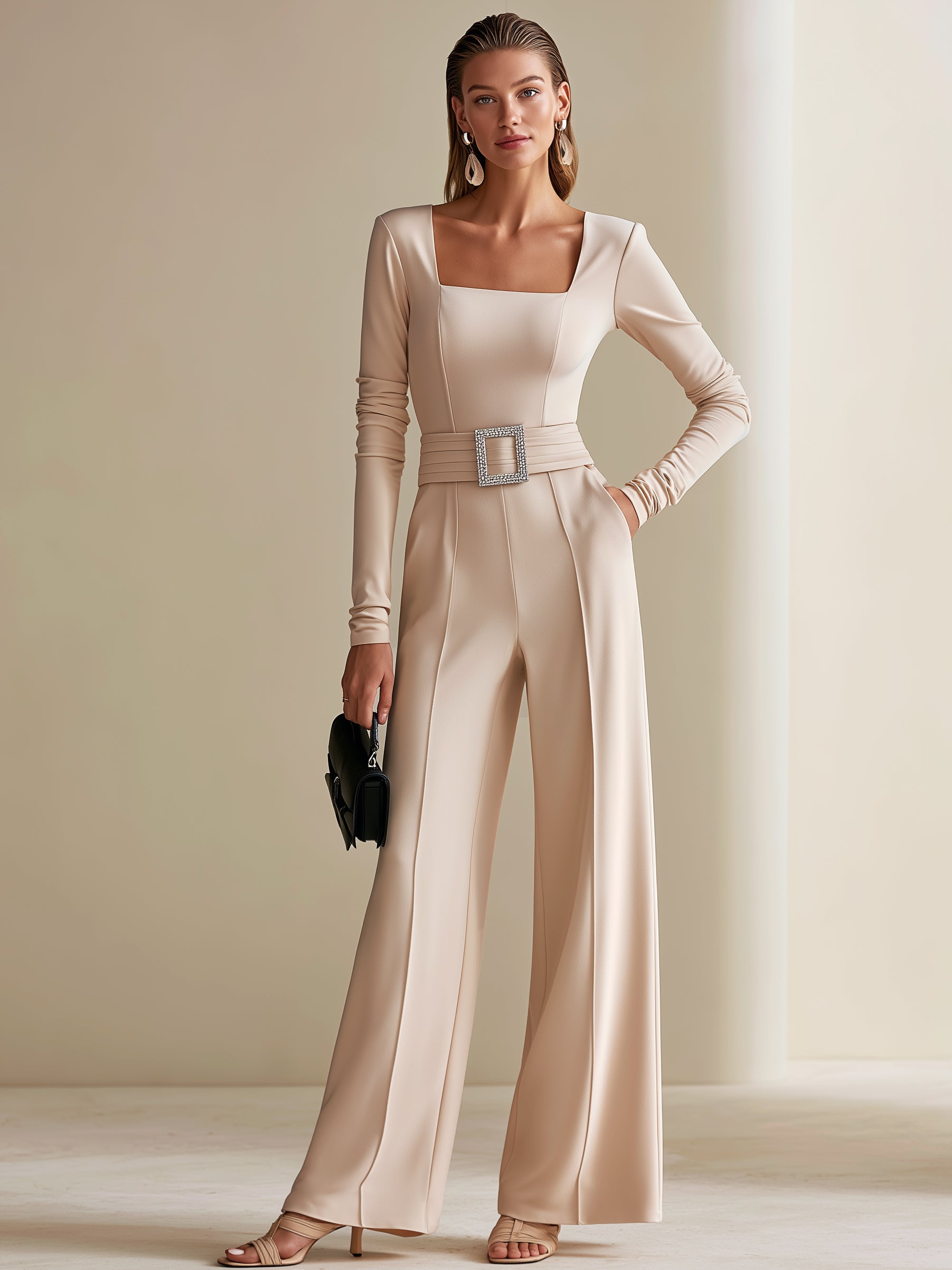 Elegant Square Neck Long Sleeve Wide Leg Jumpsuit With Crystal Belt