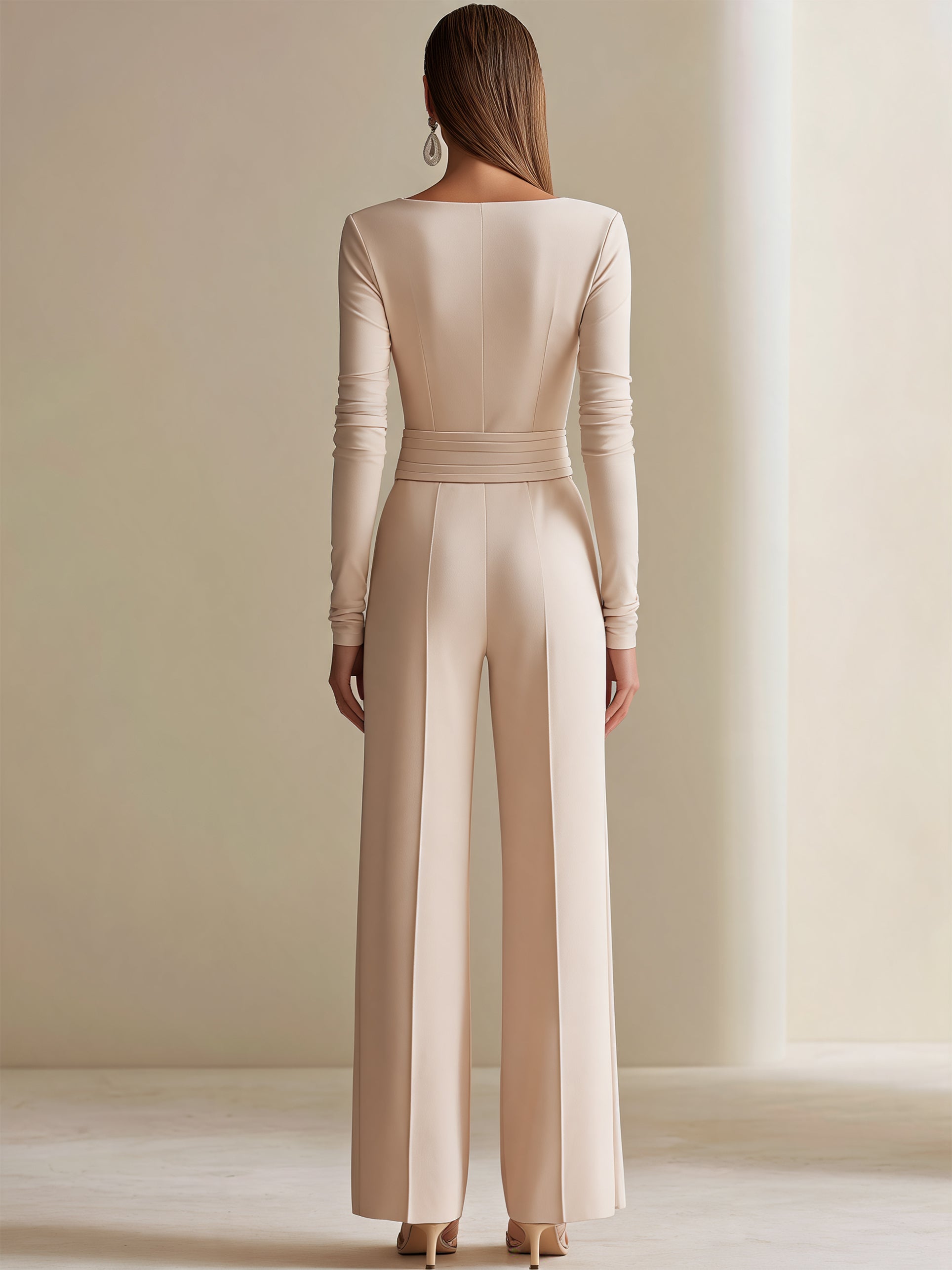 Elegant Square Neck Long Sleeve Wide Leg Jumpsuit With Crystal Belt