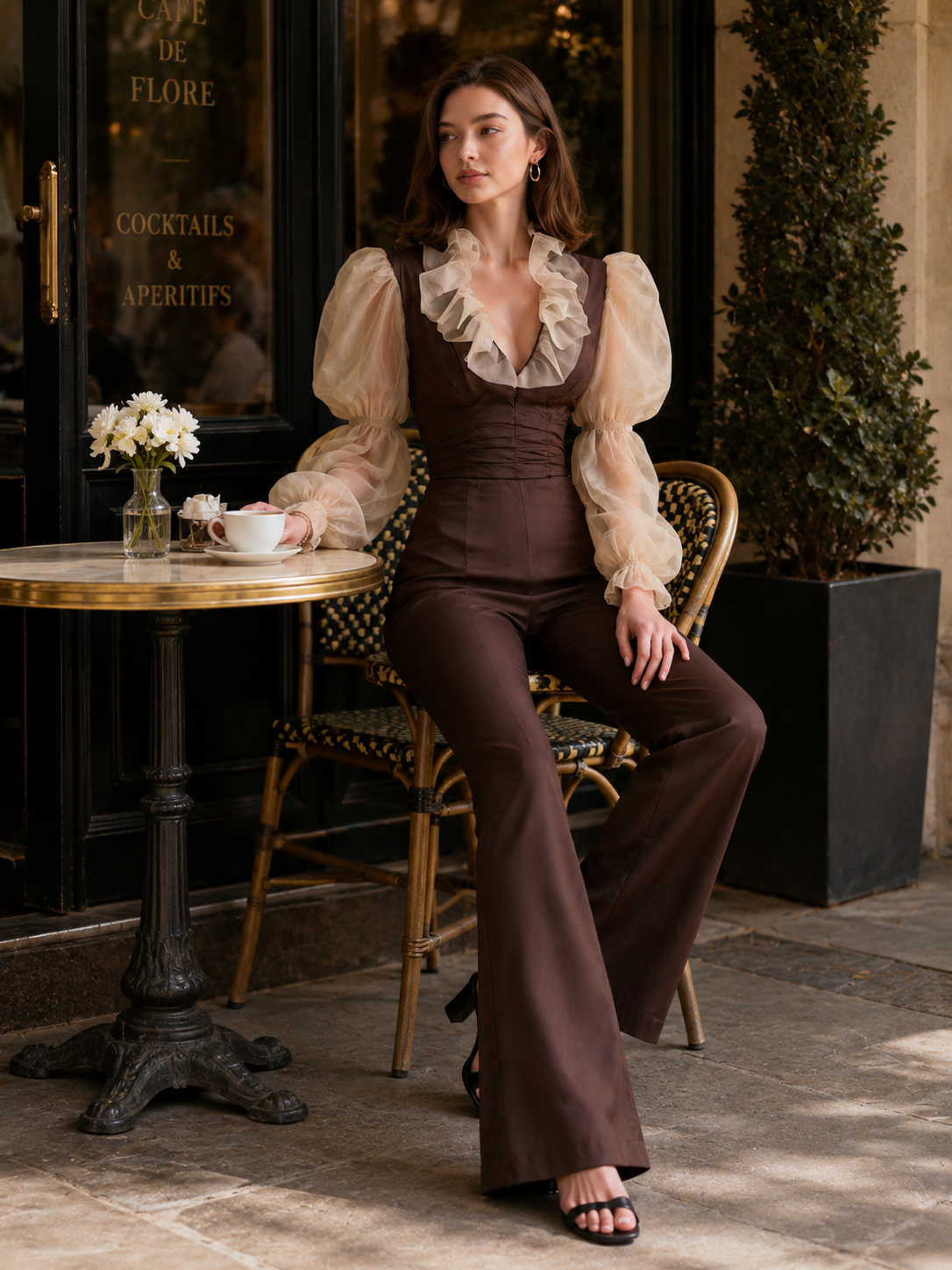 Elegant Brown Sheer Linen Puff-Sleeve Bodysuit
