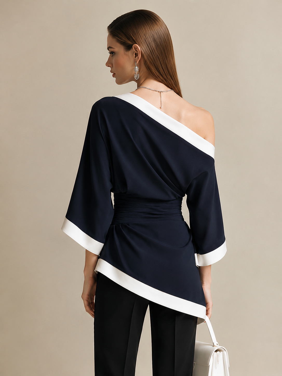 Elegant Navy Blue Linen Blend Asymmetric One-Shoulder Top