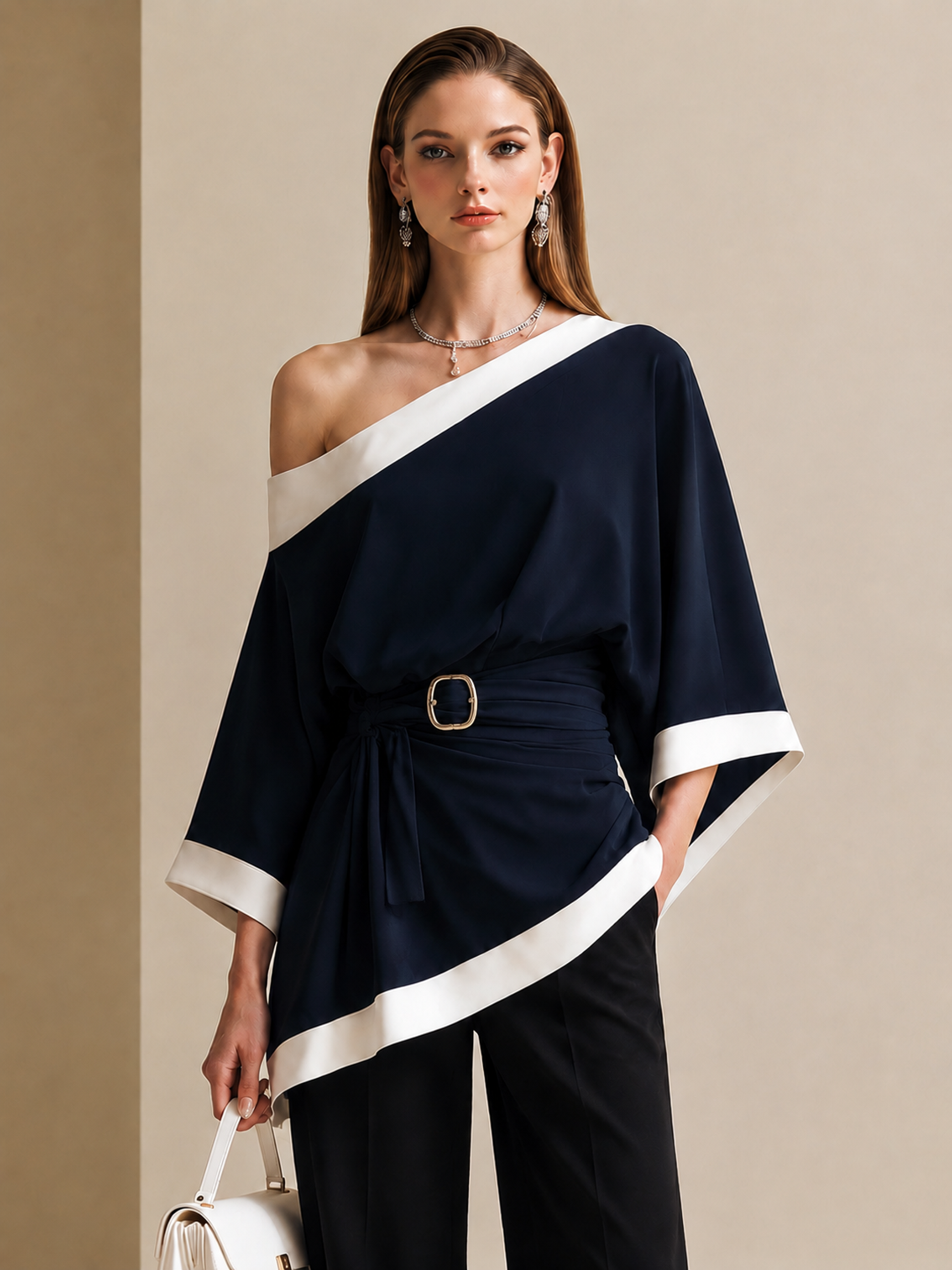 Elegant Navy Blue Linen Blend Asymmetric One-Shoulder Top