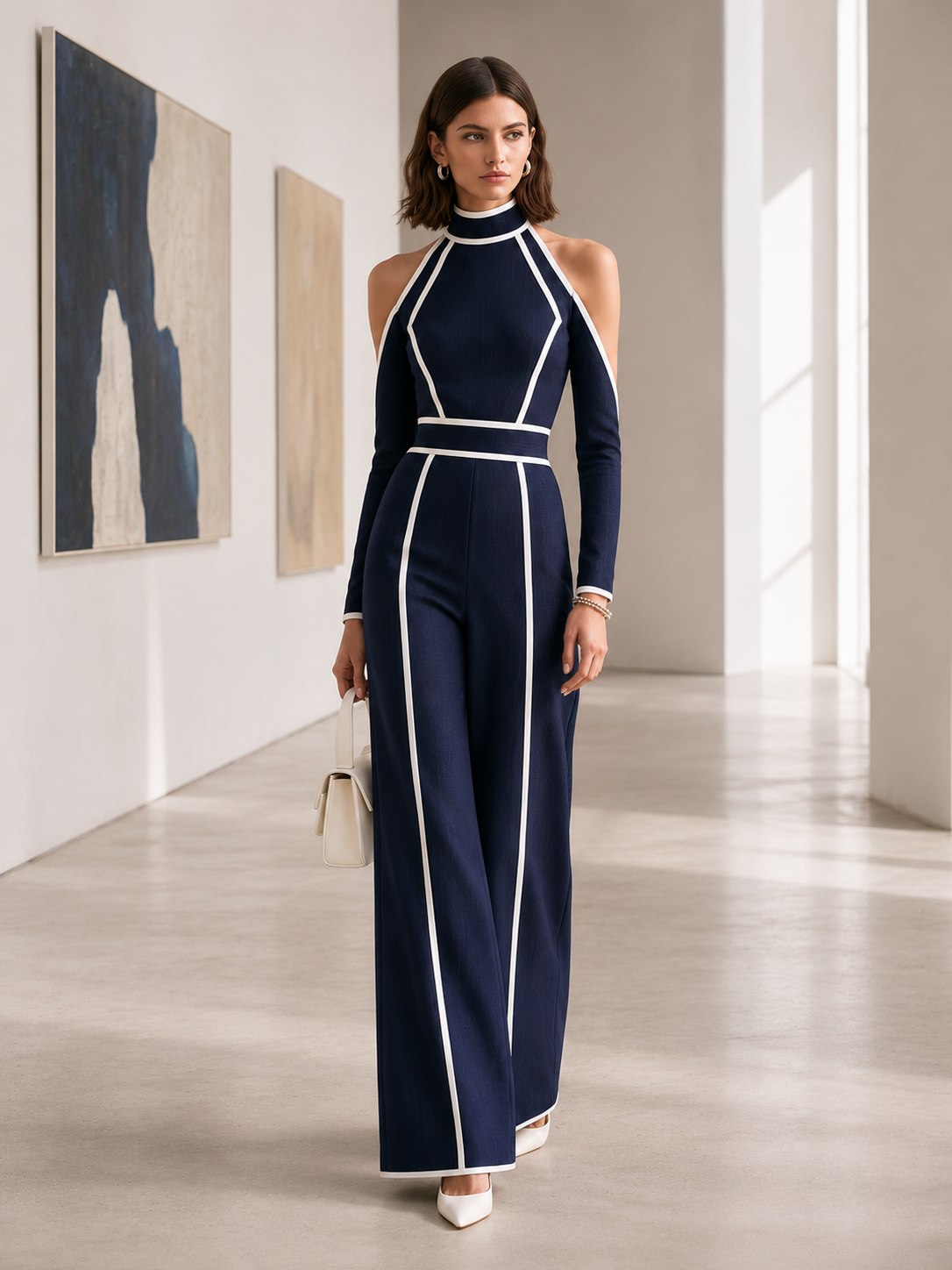 Elegant Linen Bodysuit With Blue Piping