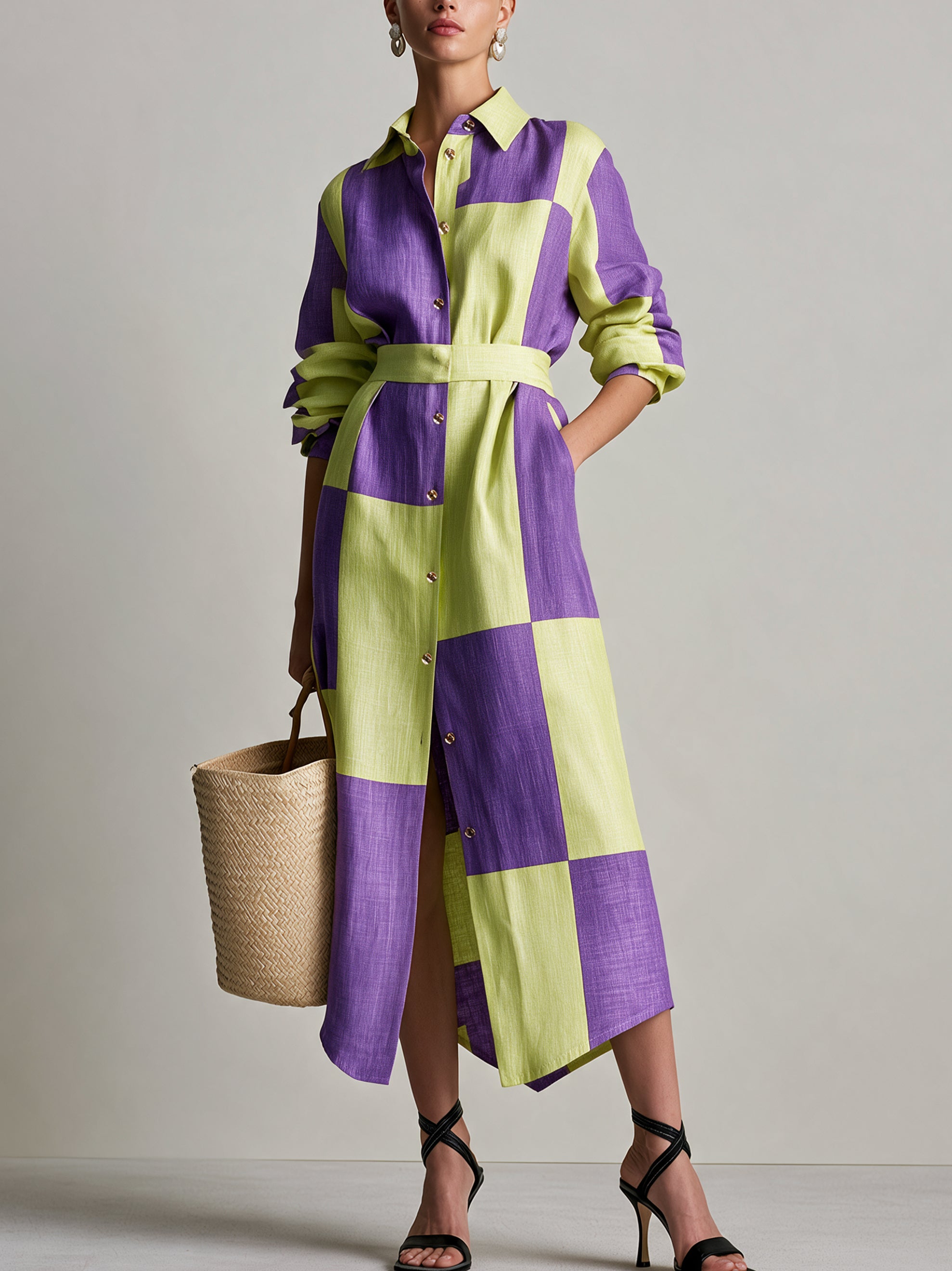 Cotton Colour Block Check Shirt Midi Dress With Waist Belt