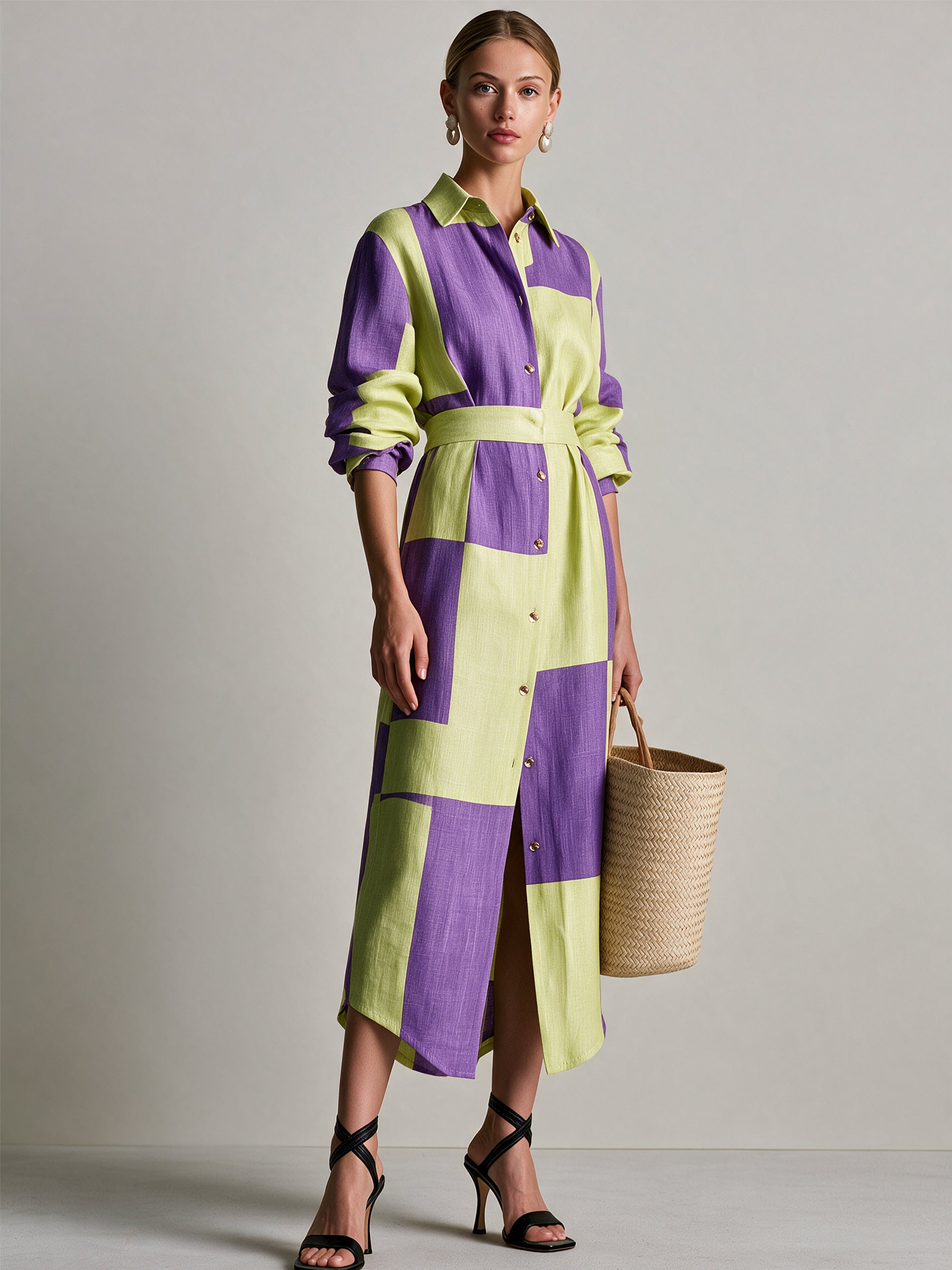 Cotton Colour Block Check Shirt Midi Dress With Waist Belt