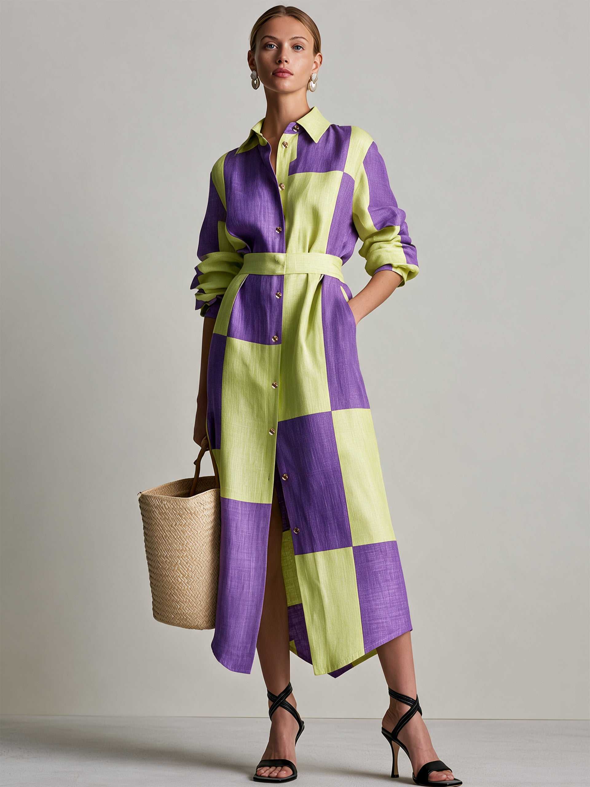 Cotton Colour Block Check Shirt Midi Dress With Waist Belt