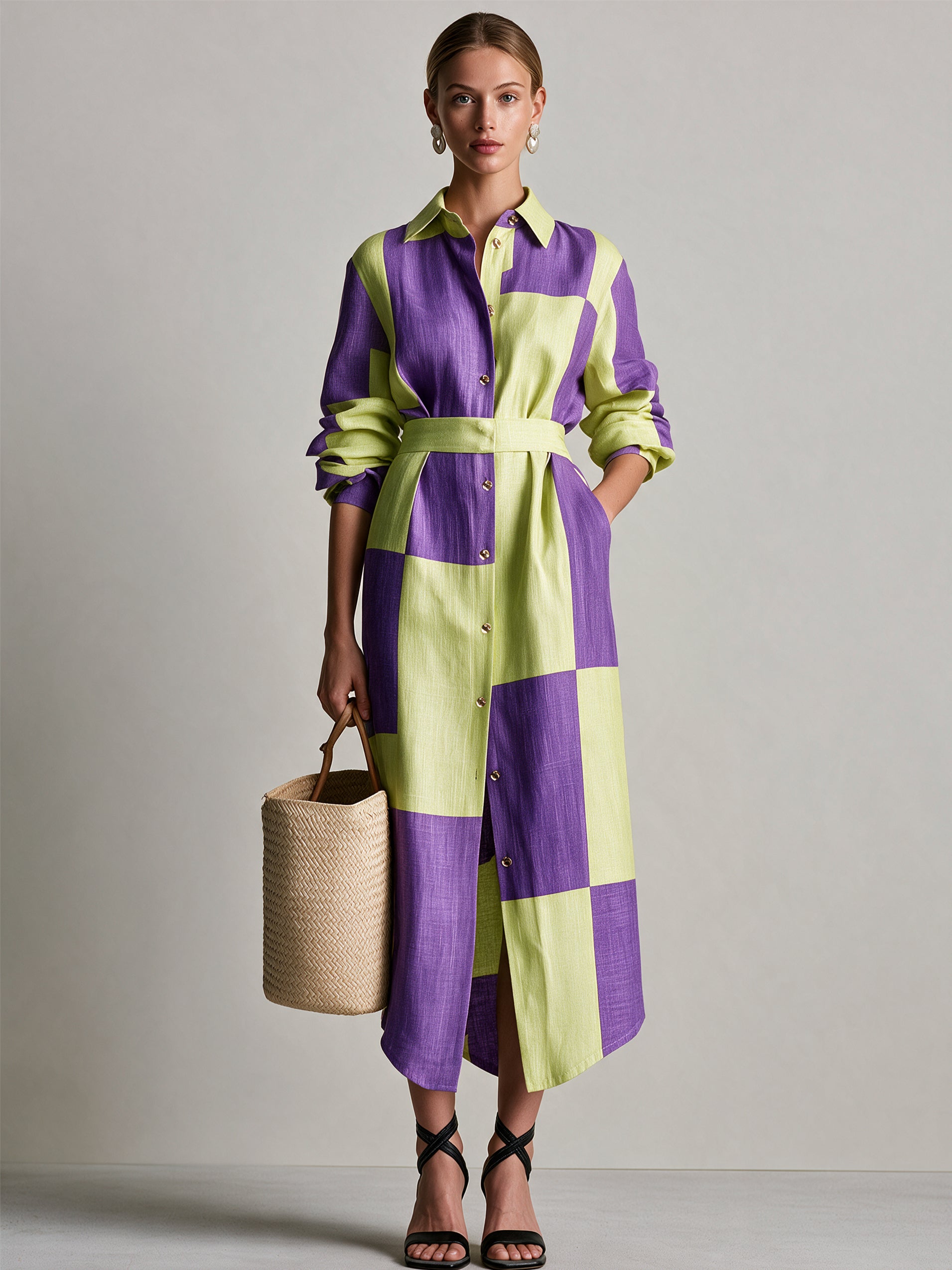 Cotton Colour Block Check Shirt Midi Dress With Waist Belt