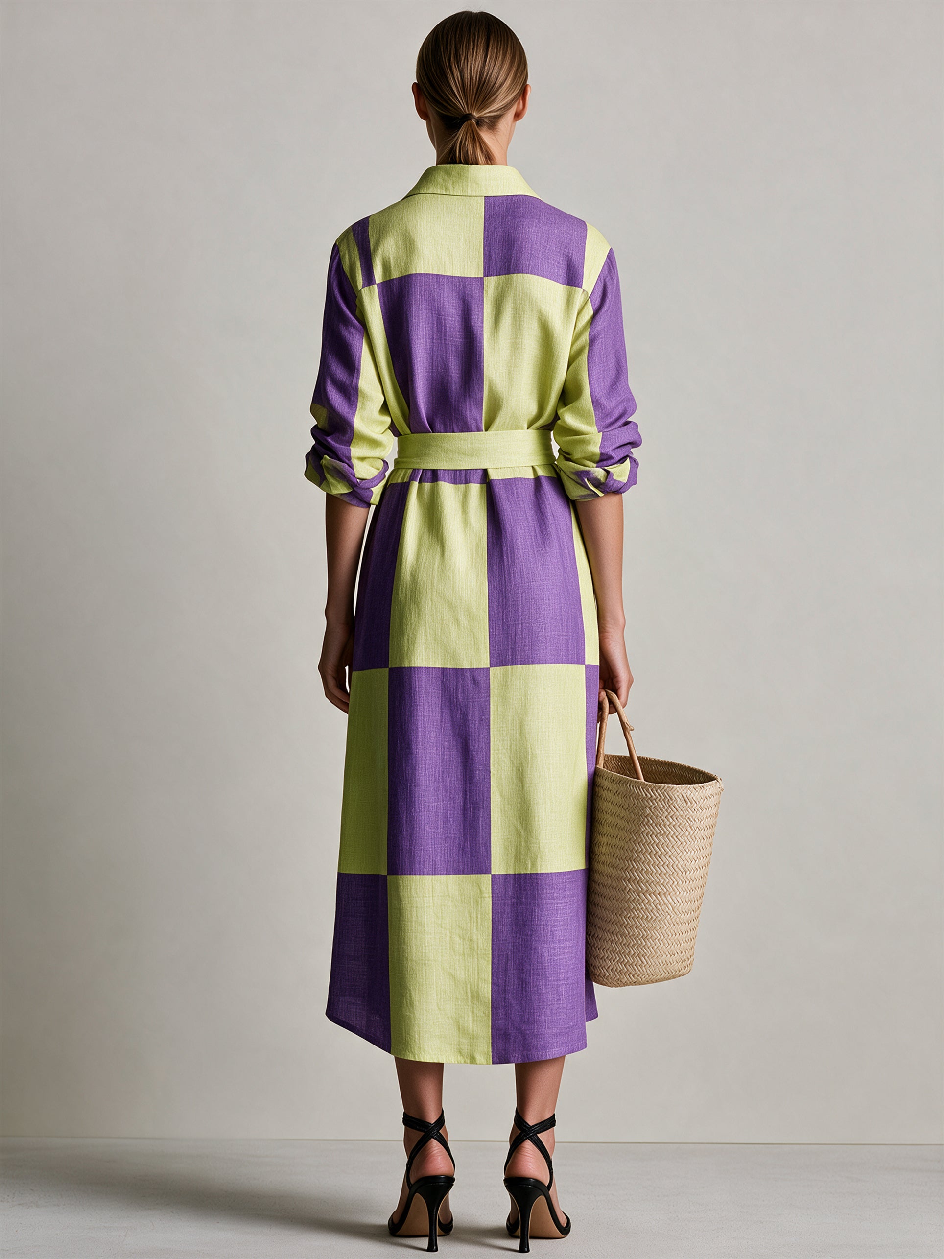 Cotton Colour Block Check Shirt Midi Dress With Waist Belt