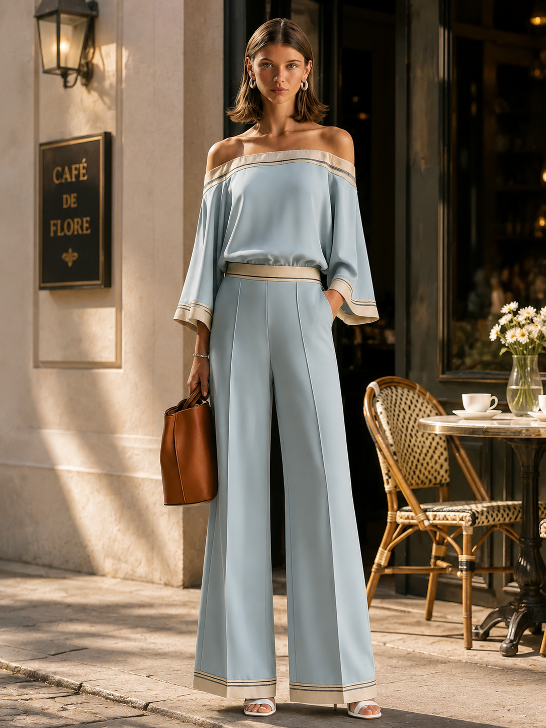 Elegant Grey-blue Batwing-sleeve Set With Piping Detail