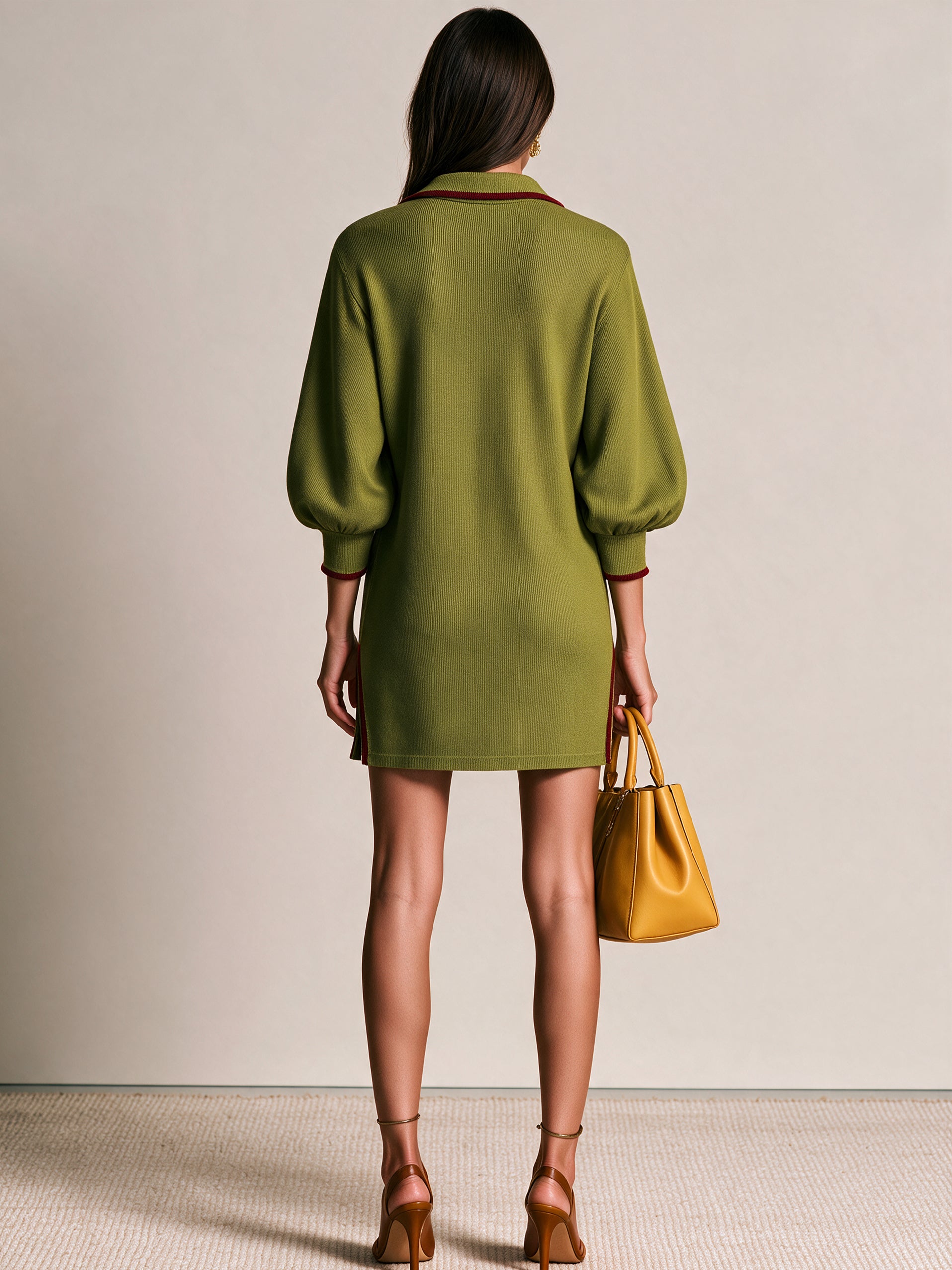 Elegant Contrast Trim Half-Zip Knit Mini Dress