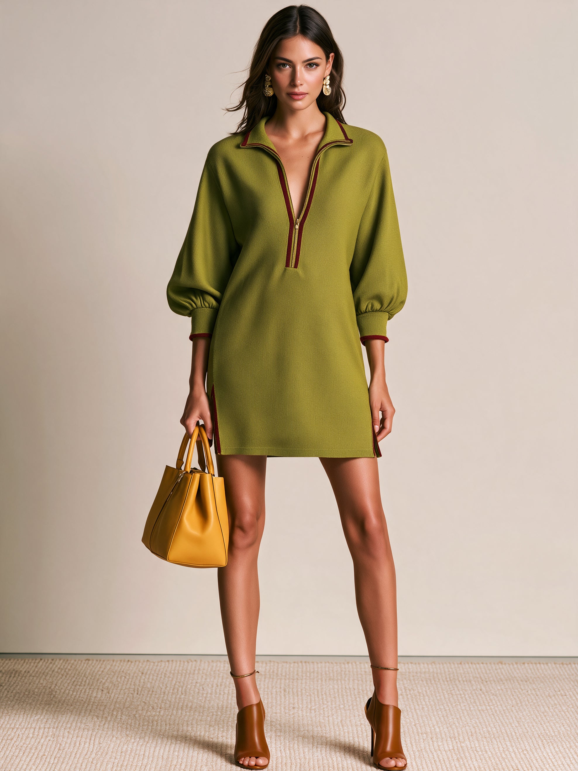 Elegant Contrast Trim Half-Zip Knit Mini Dress