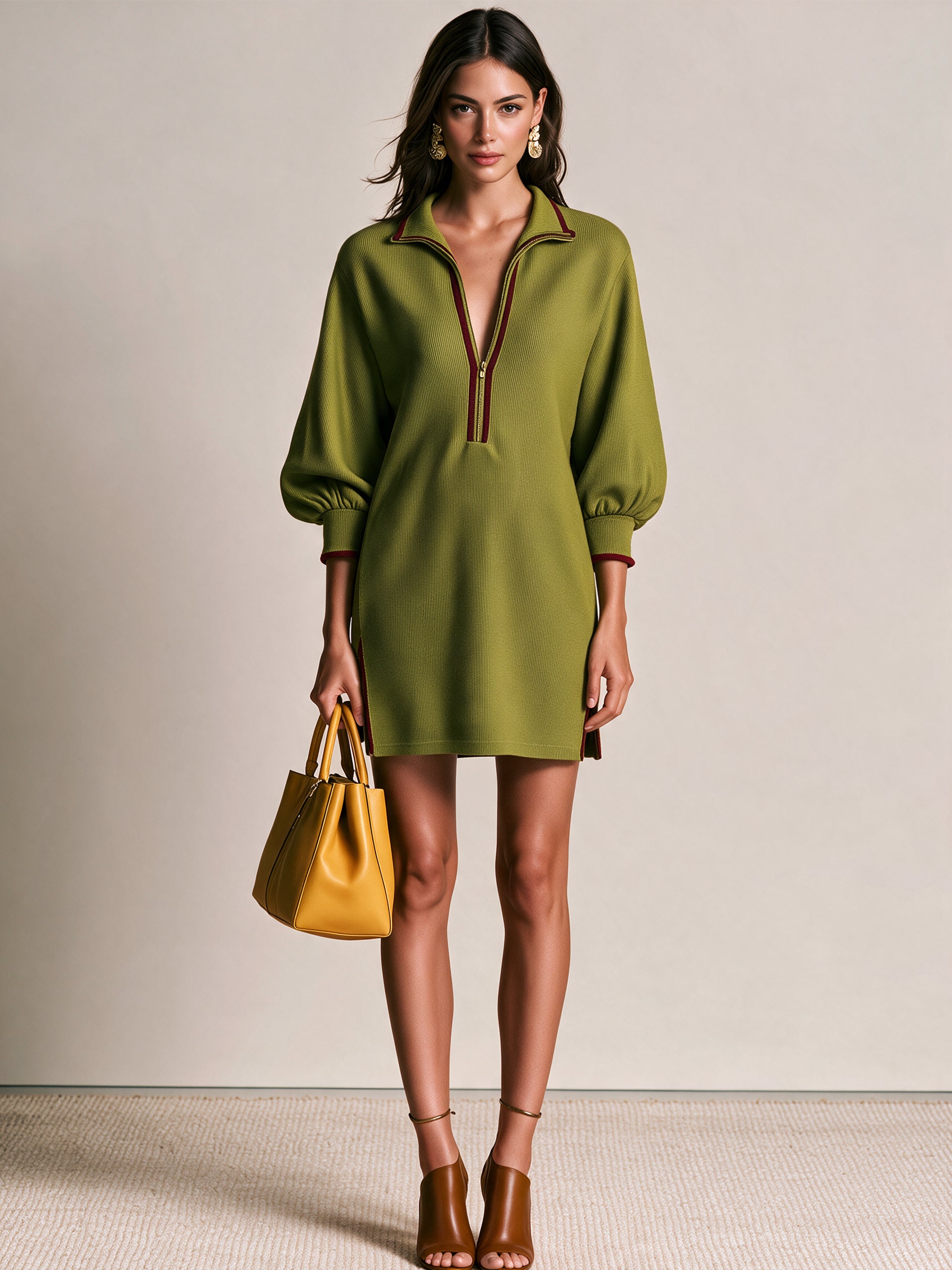 Elegant Contrast Trim Half-Zip Knit Mini Dress