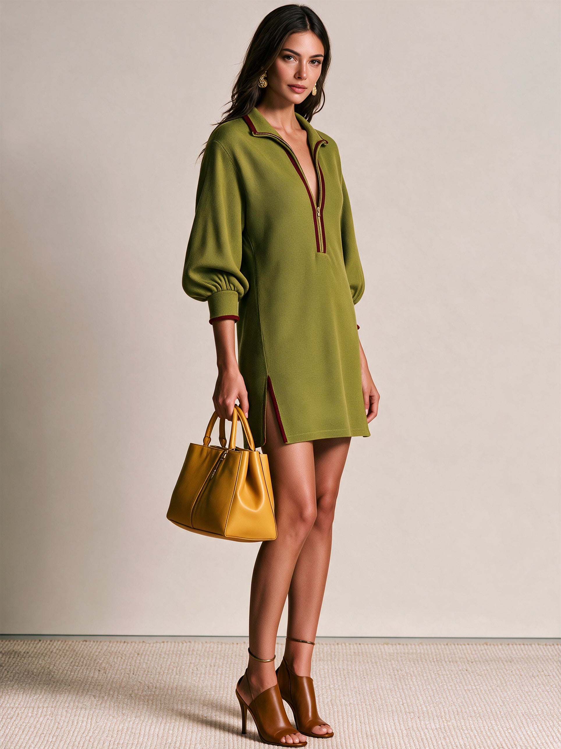 Elegant Contrast Trim Half-Zip Knit Mini Dress