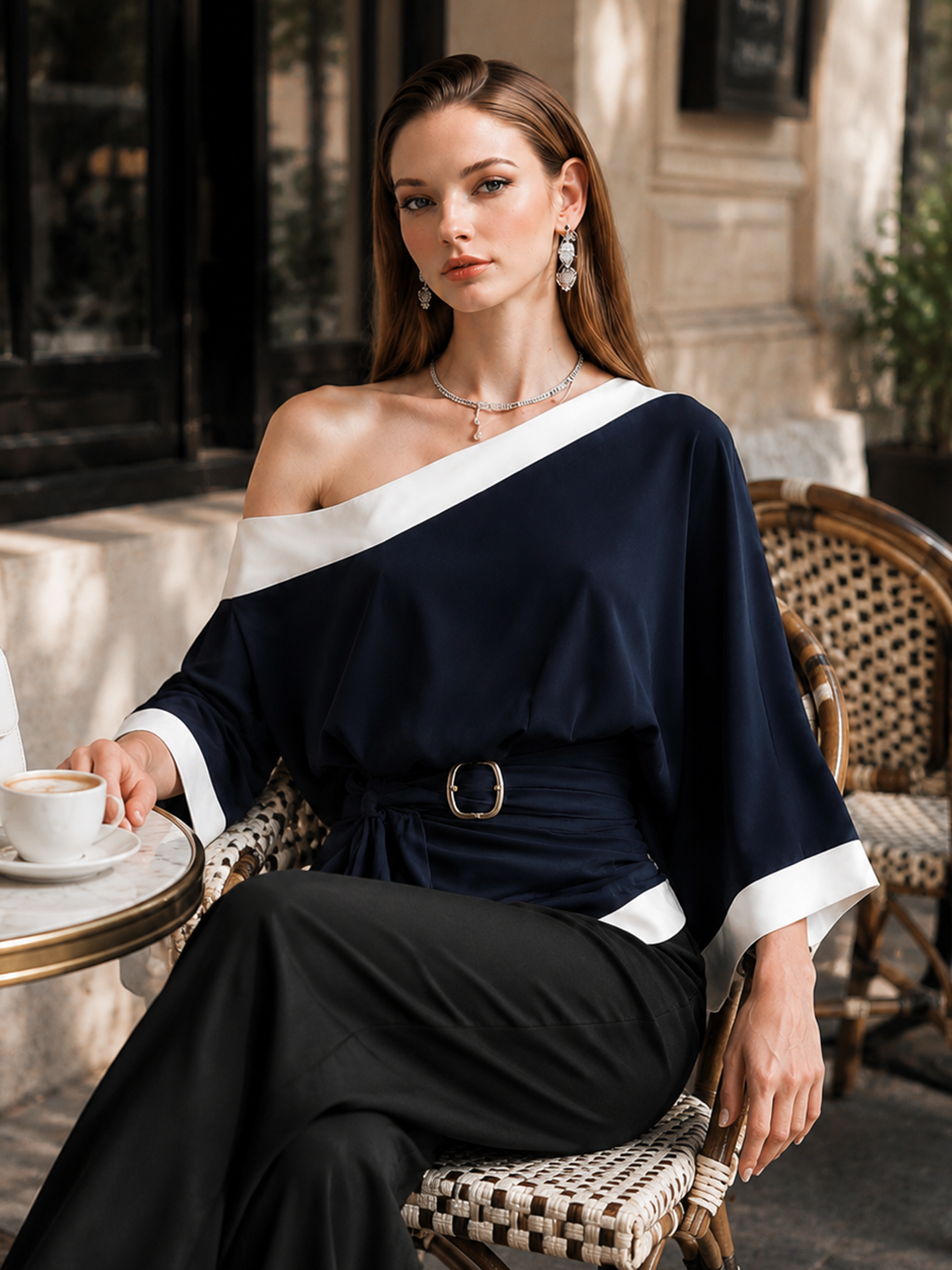 Elegant Navy Blue Linen Blend Asymmetric One-Shoulder Top