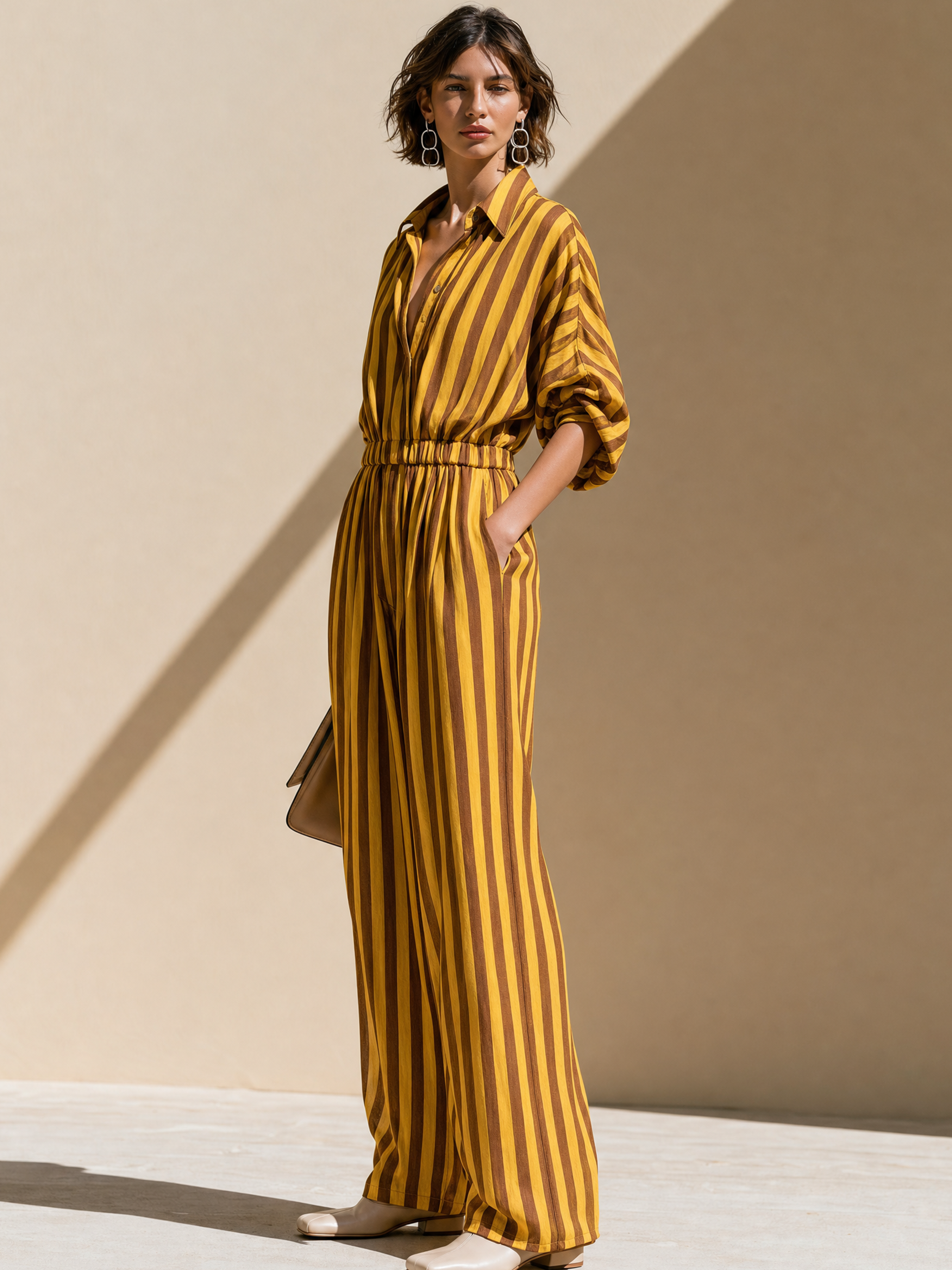 Elegant Tencel Linen Yellow Brown Stripe Collared Elastic Waist Wide Leg Jumpsuit