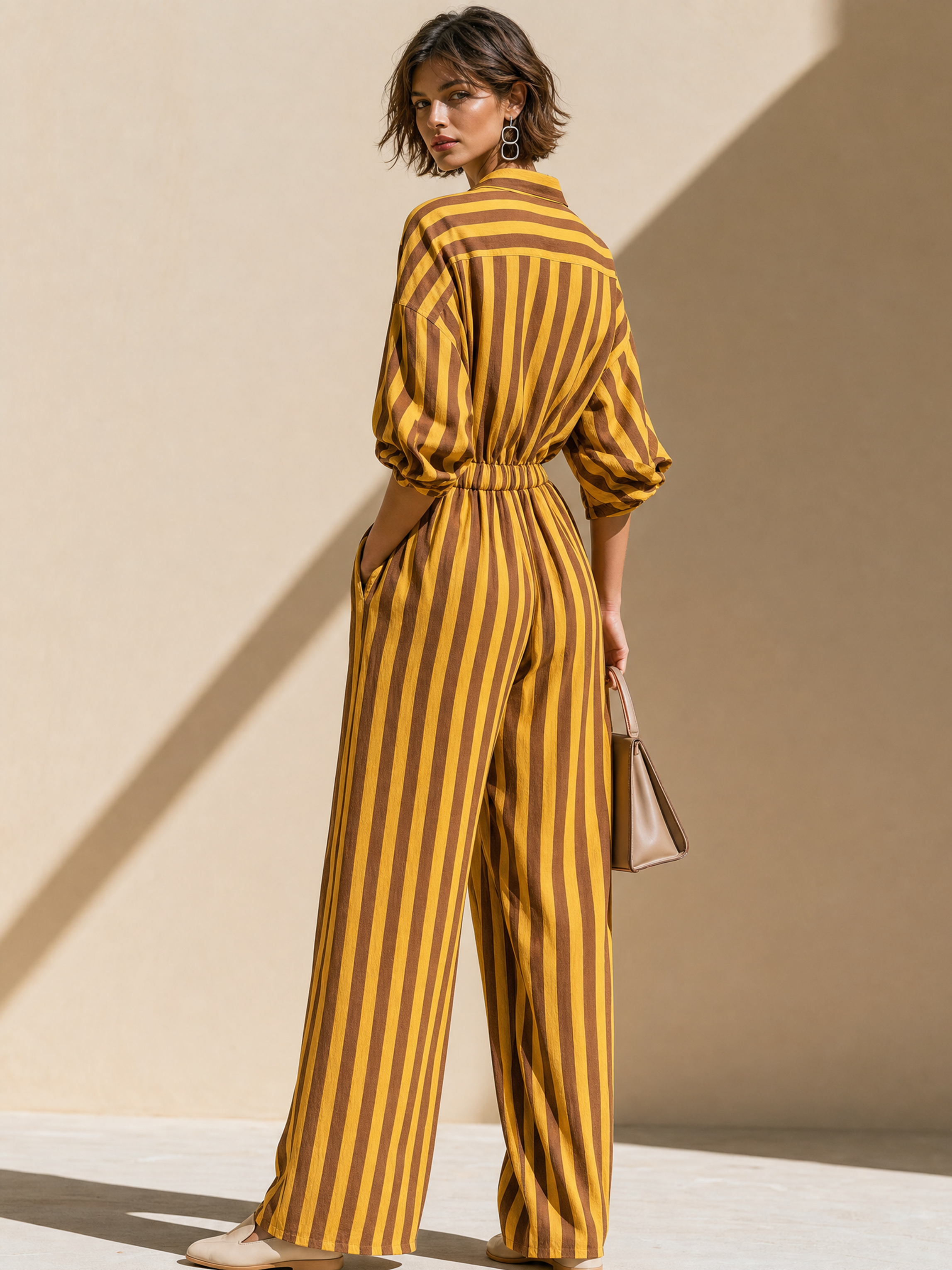 Elegant Tencel Linen Yellow Brown Stripe Collared Elastic Waist Wide Leg Jumpsuit