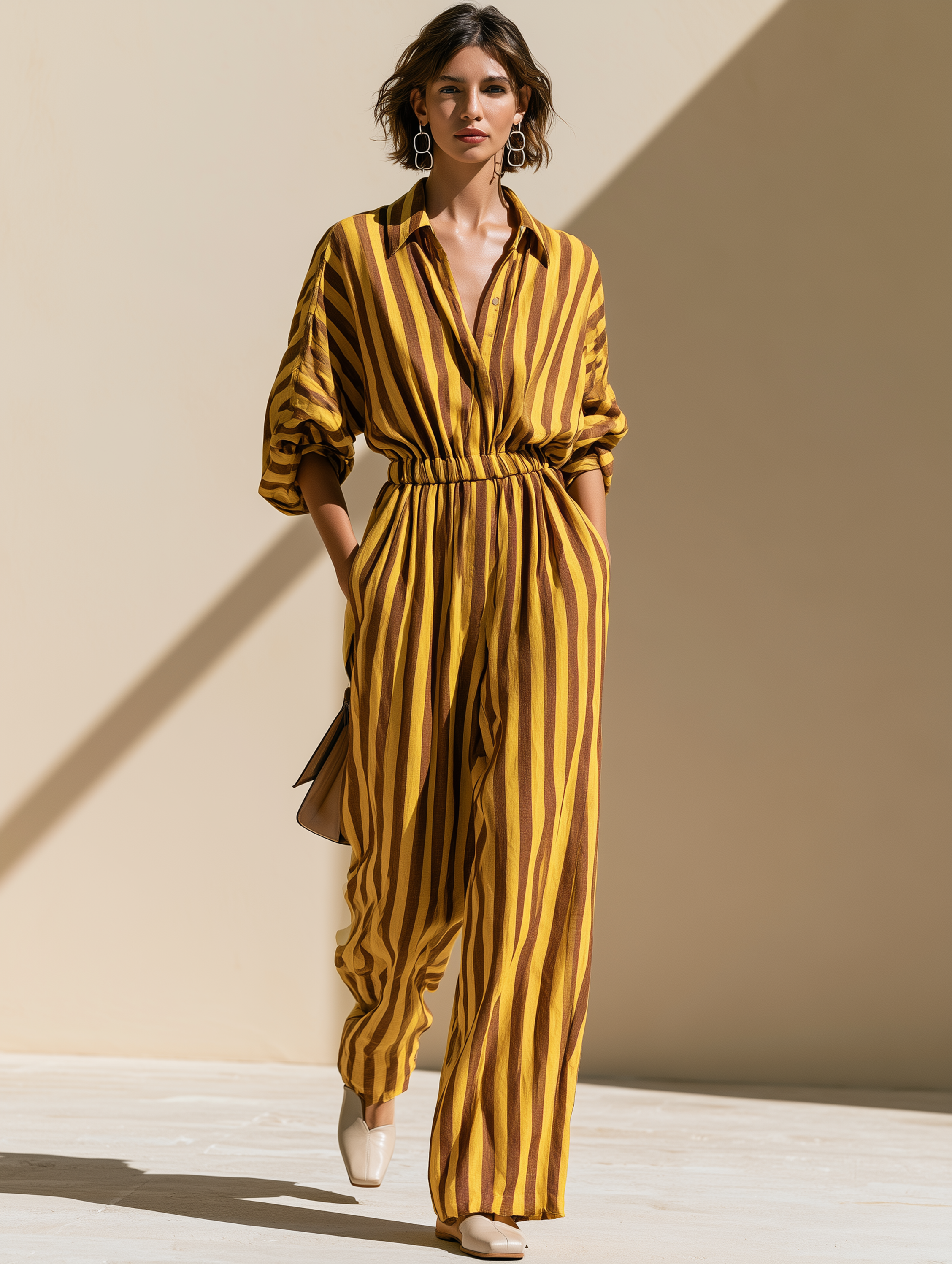 Elegant Tencel Linen Yellow Brown Stripe Collared Elastic Waist Wide Leg Jumpsuit
