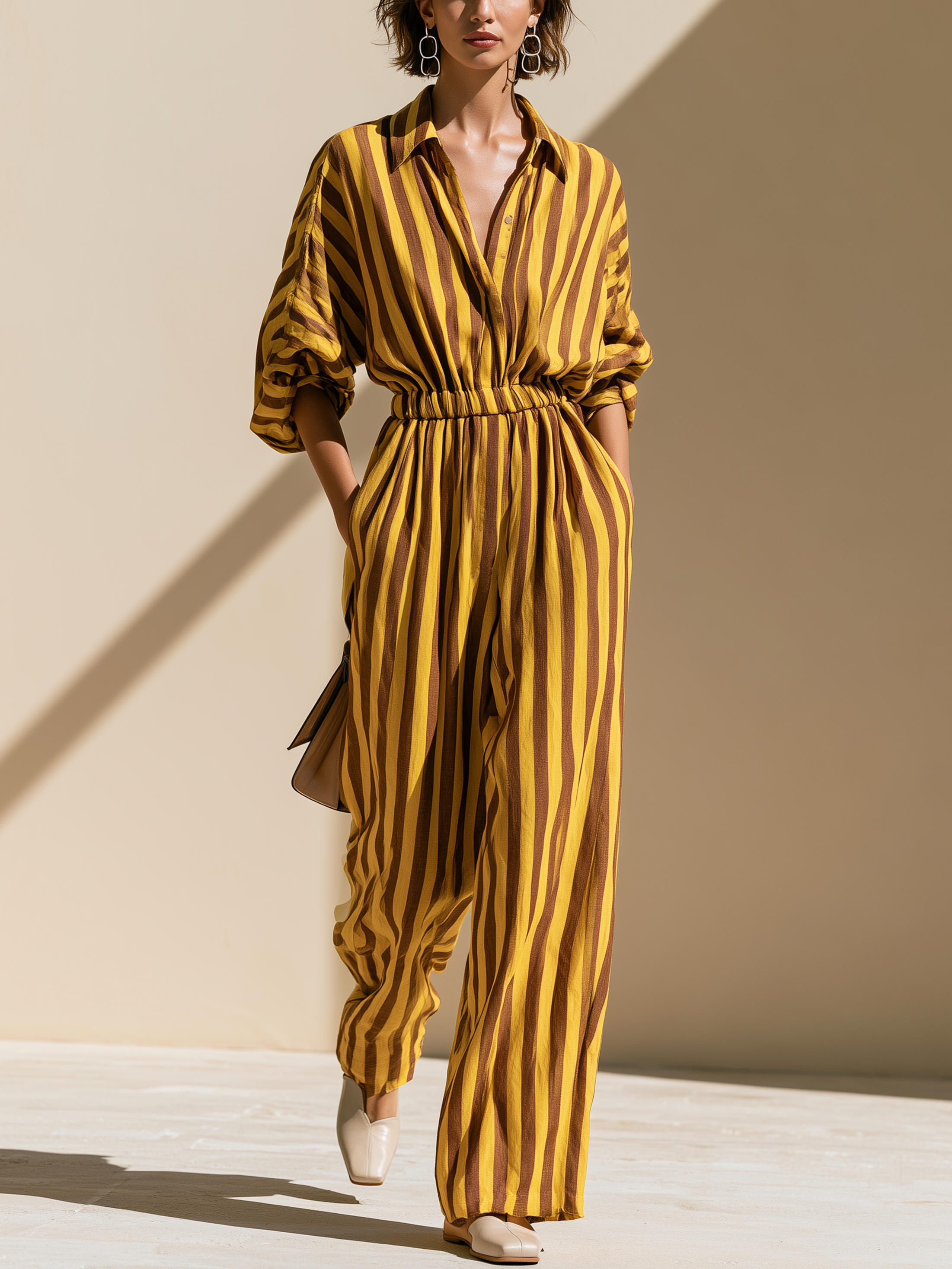 Elegant Tencel Linen Yellow Brown Stripe Collared Elastic Waist Wide Leg Jumpsuit
