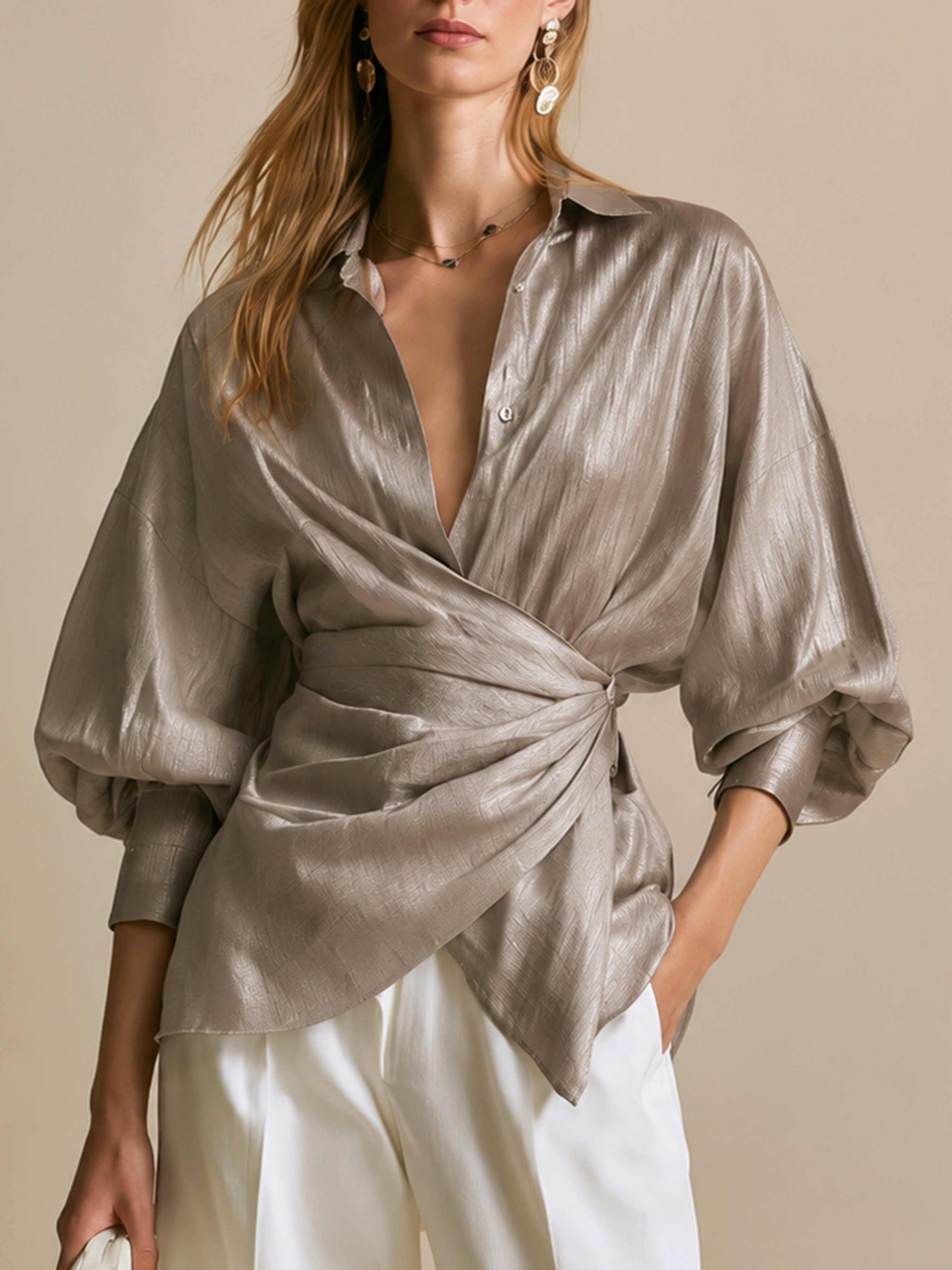 Elegant Taupe Wrap Shirt Blouse