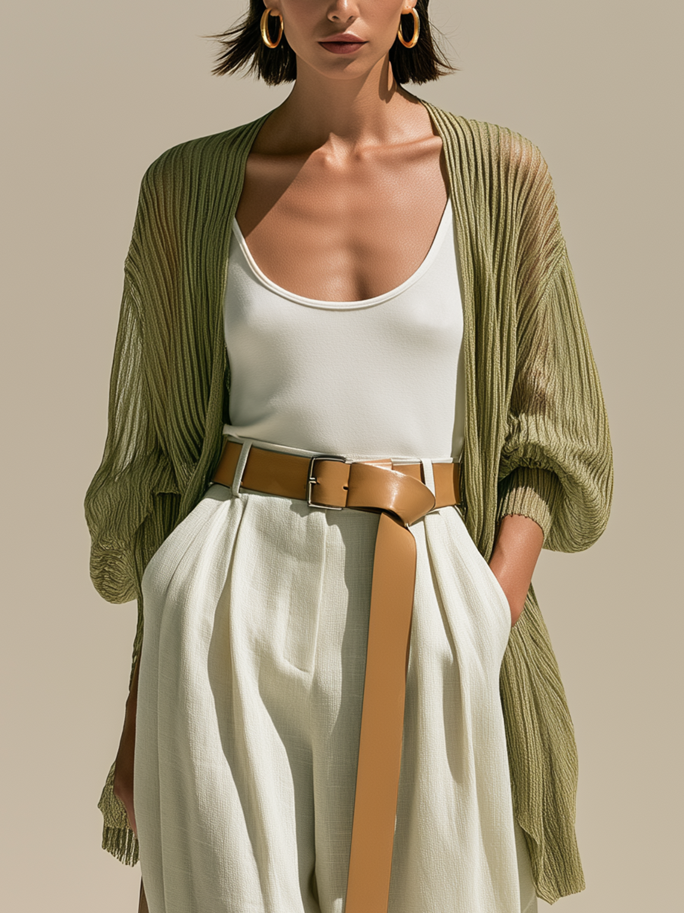 Elegant Relax Tencel Knit Olive Green Vertical Stripe Lantern Sleeve Cardigan