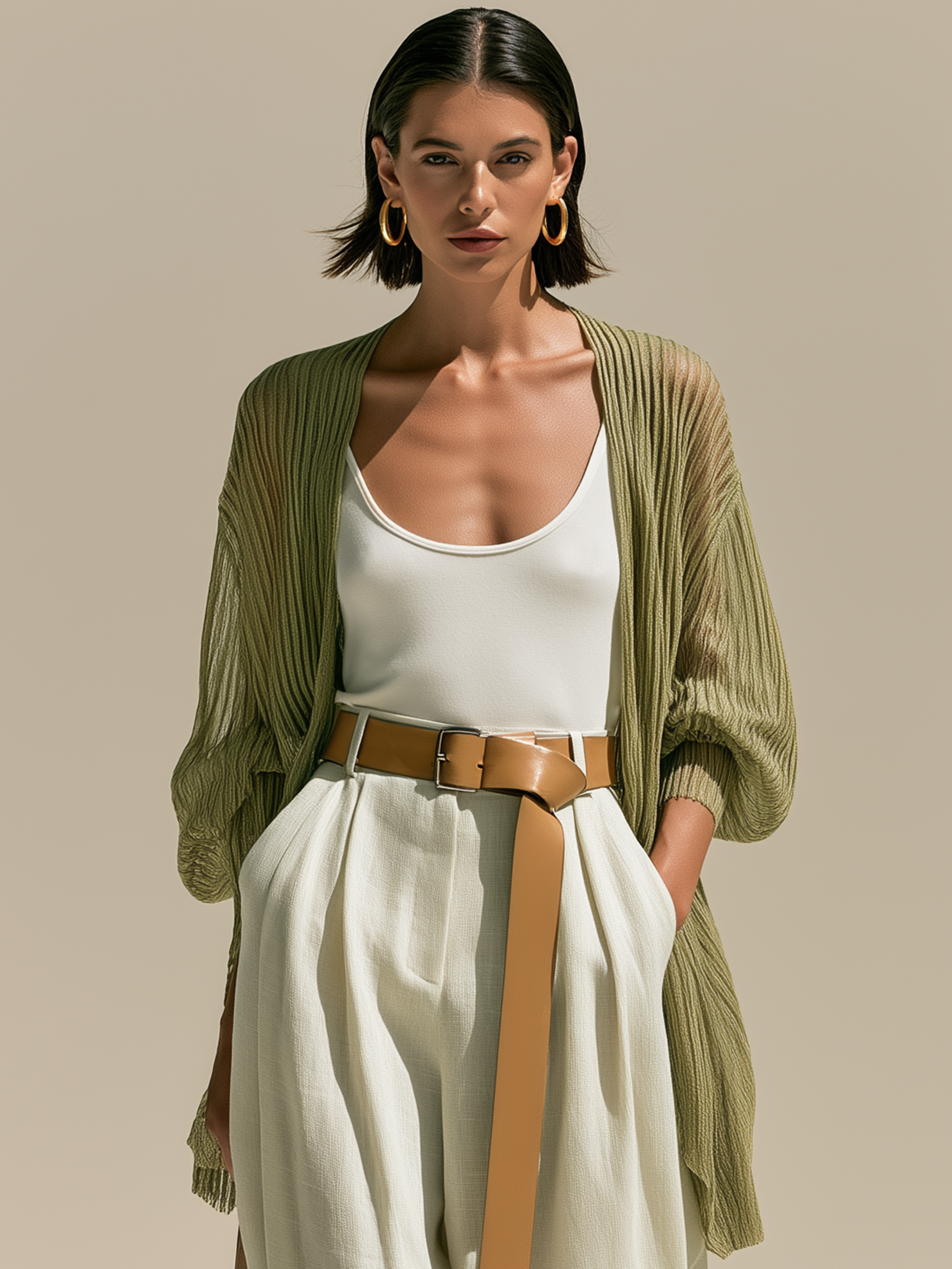 Elegant Relax Tencel Knit Olive Green Vertical Stripe Lantern Sleeve Cardigan