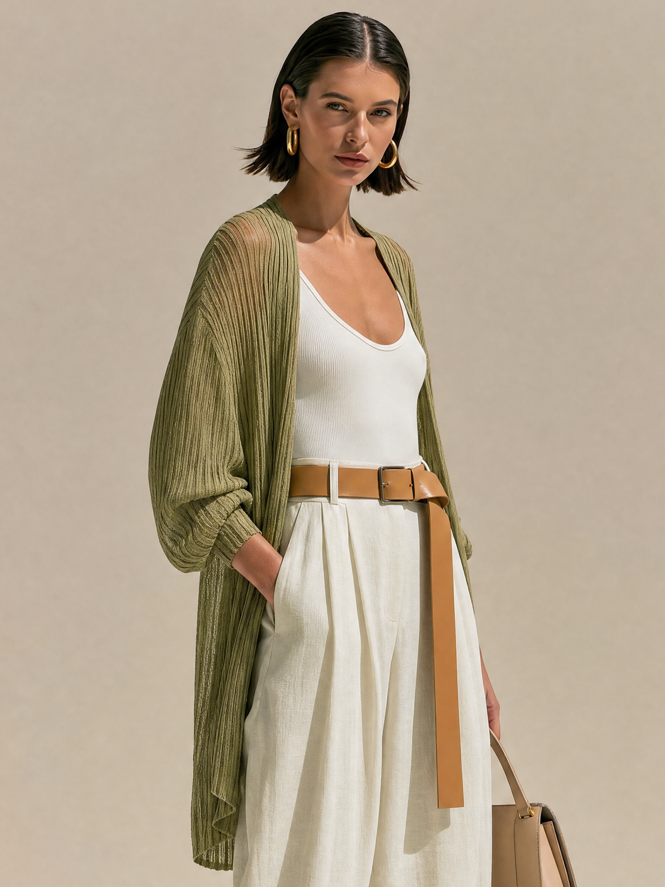 Elegant Relax Tencel Knit Olive Green Vertical Stripe Lantern Sleeve Cardigan
