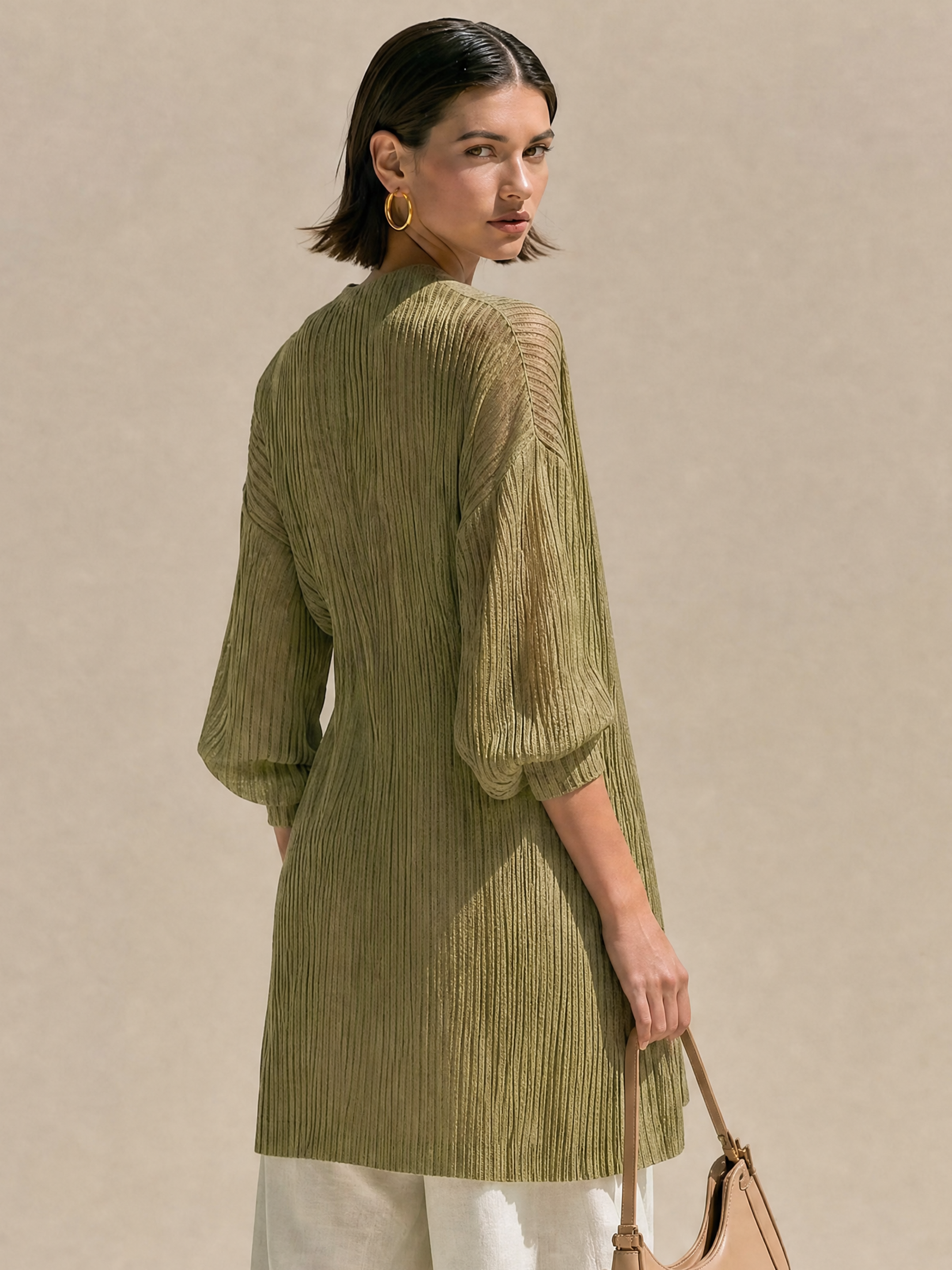 Elegant Relax Tencel Knit Olive Green Vertical Stripe Lantern Sleeve Cardigan