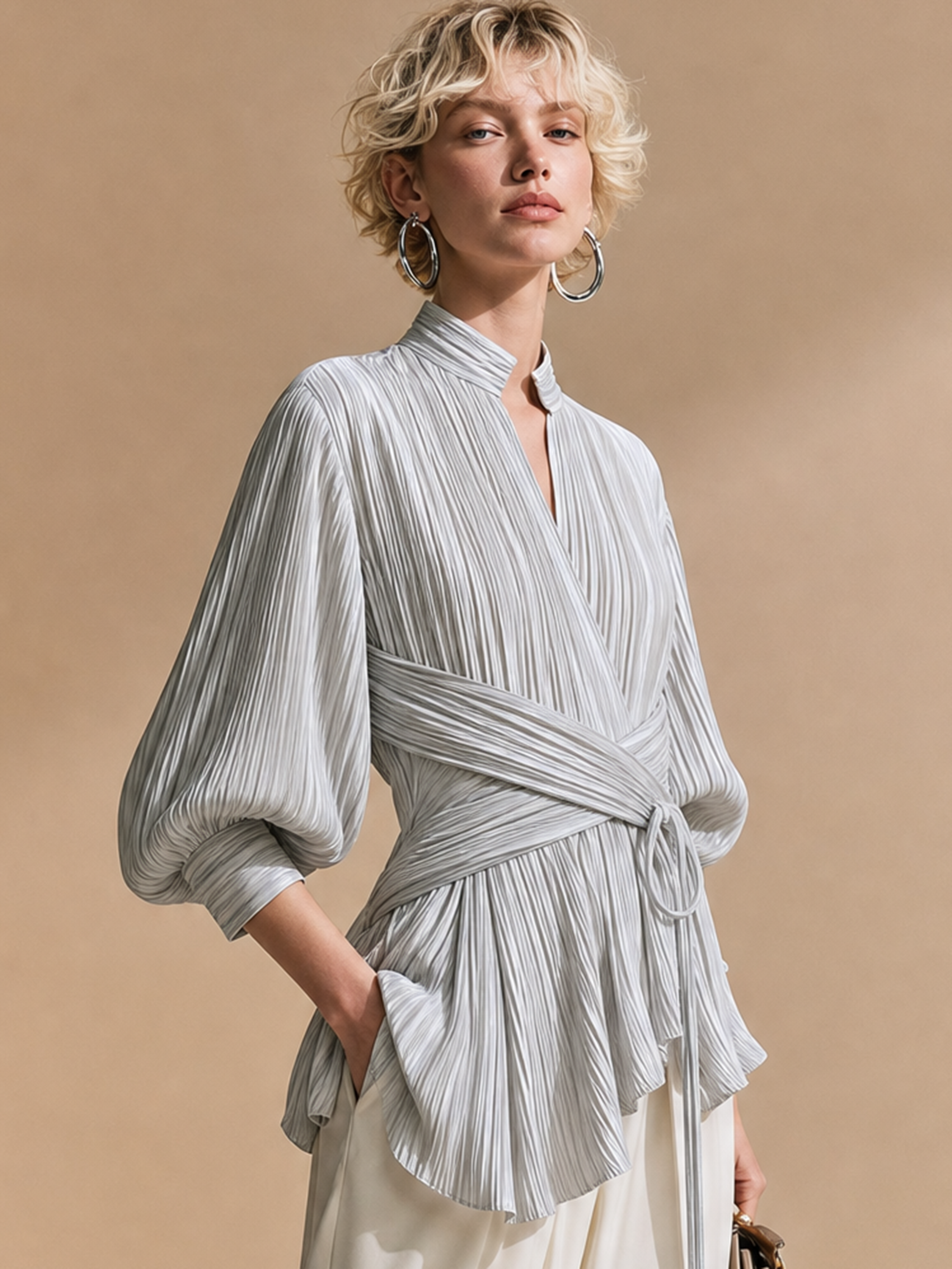 Elegant Relax Pleated Satin Silver Grey Stand Collar Wrap Tie Lantern Sleeve Blouse