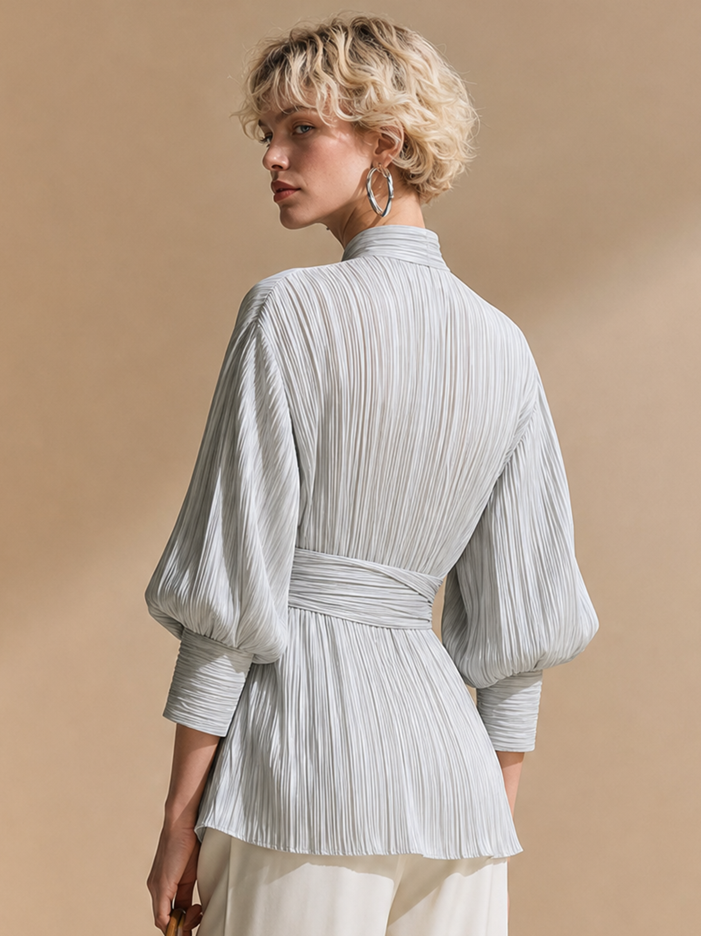 Elegant Relax Pleated Satin Silver Grey Stand Collar Wrap Tie Lantern Sleeve Blouse