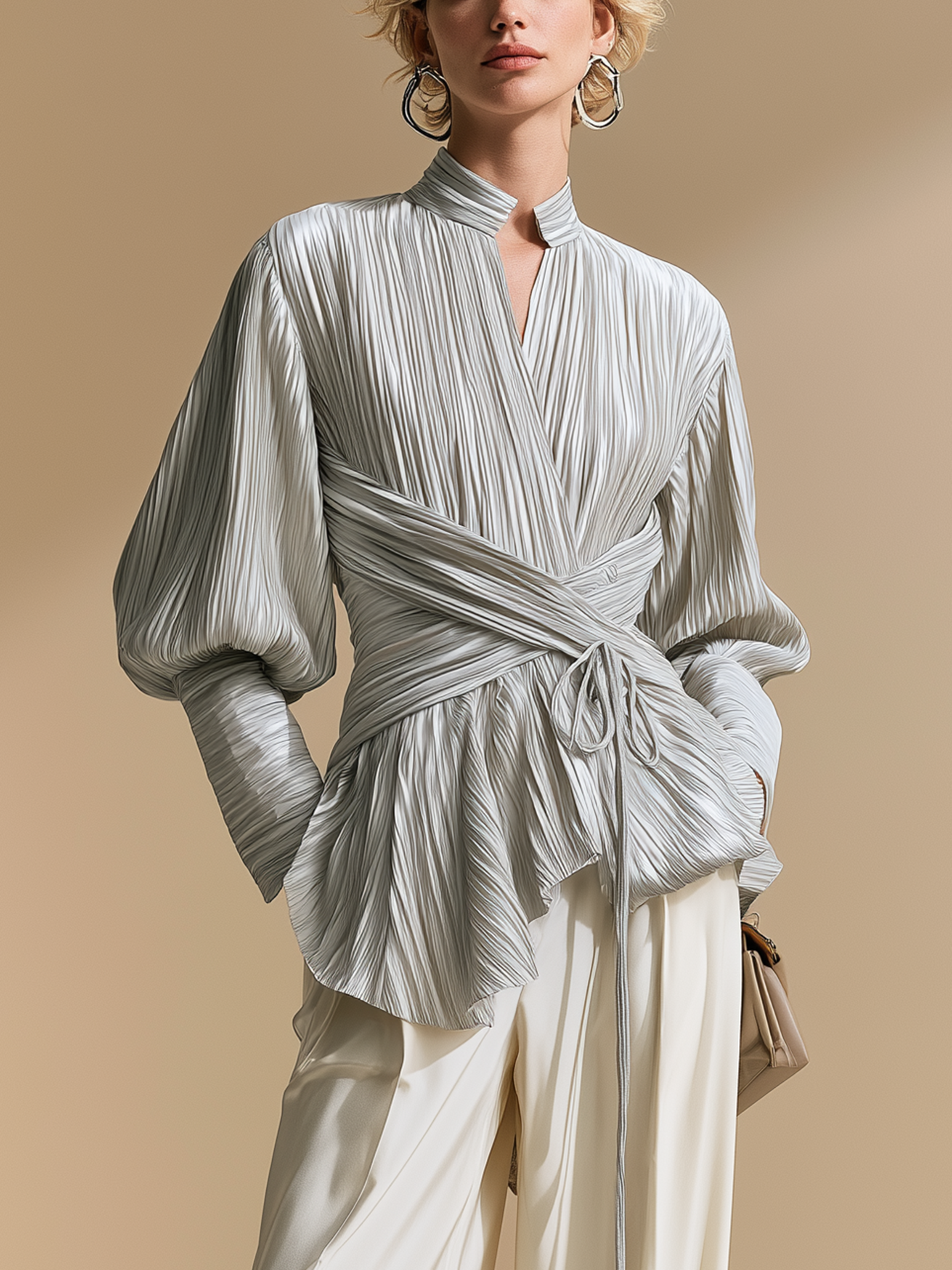 Elegant Relax Pleated Satin Silver Grey Stand Collar Wrap Tie Lantern Sleeve Blouse