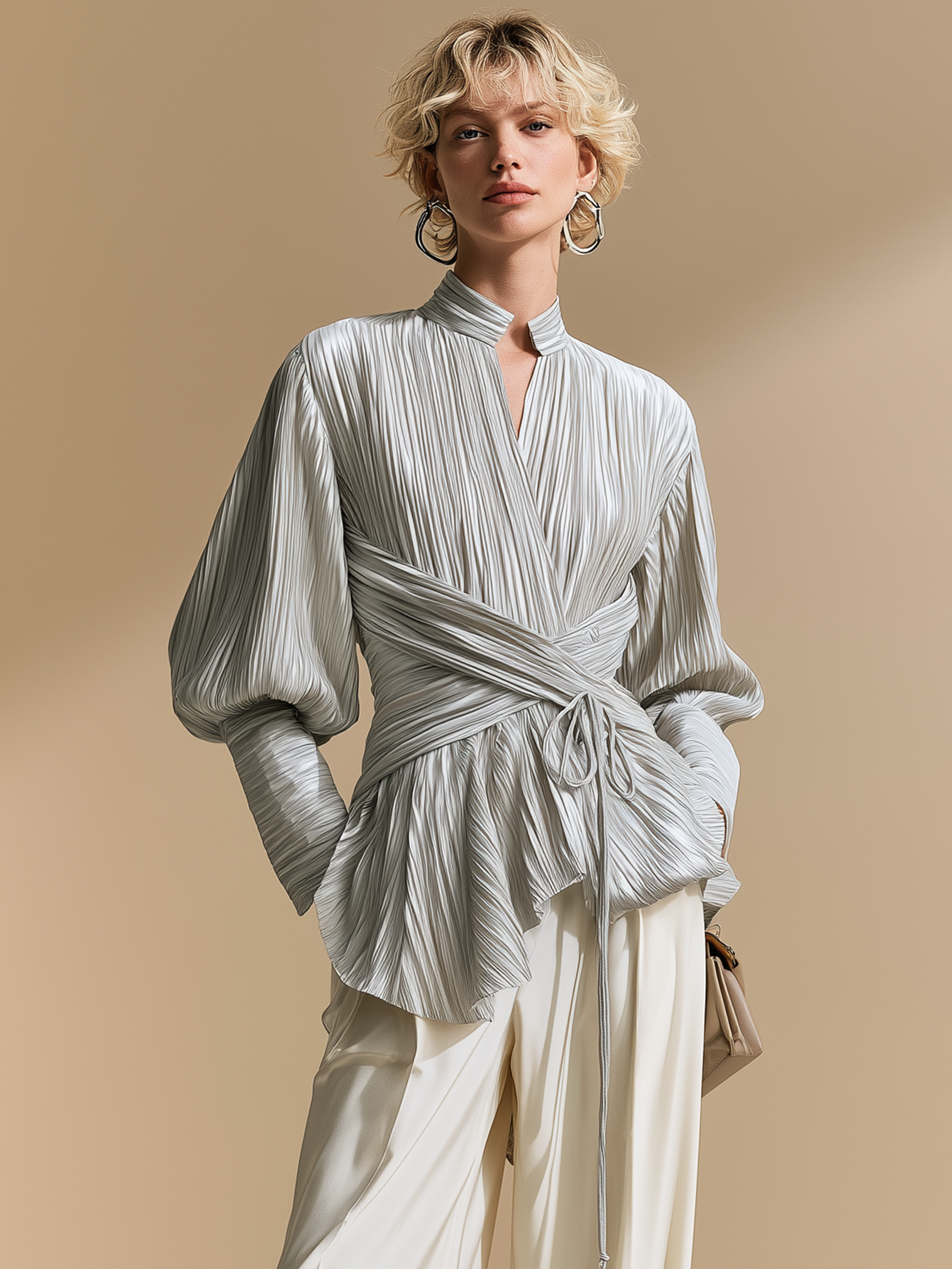 Elegant Relax Pleated Satin Silver Grey Stand Collar Wrap Tie Lantern Sleeve Blouse