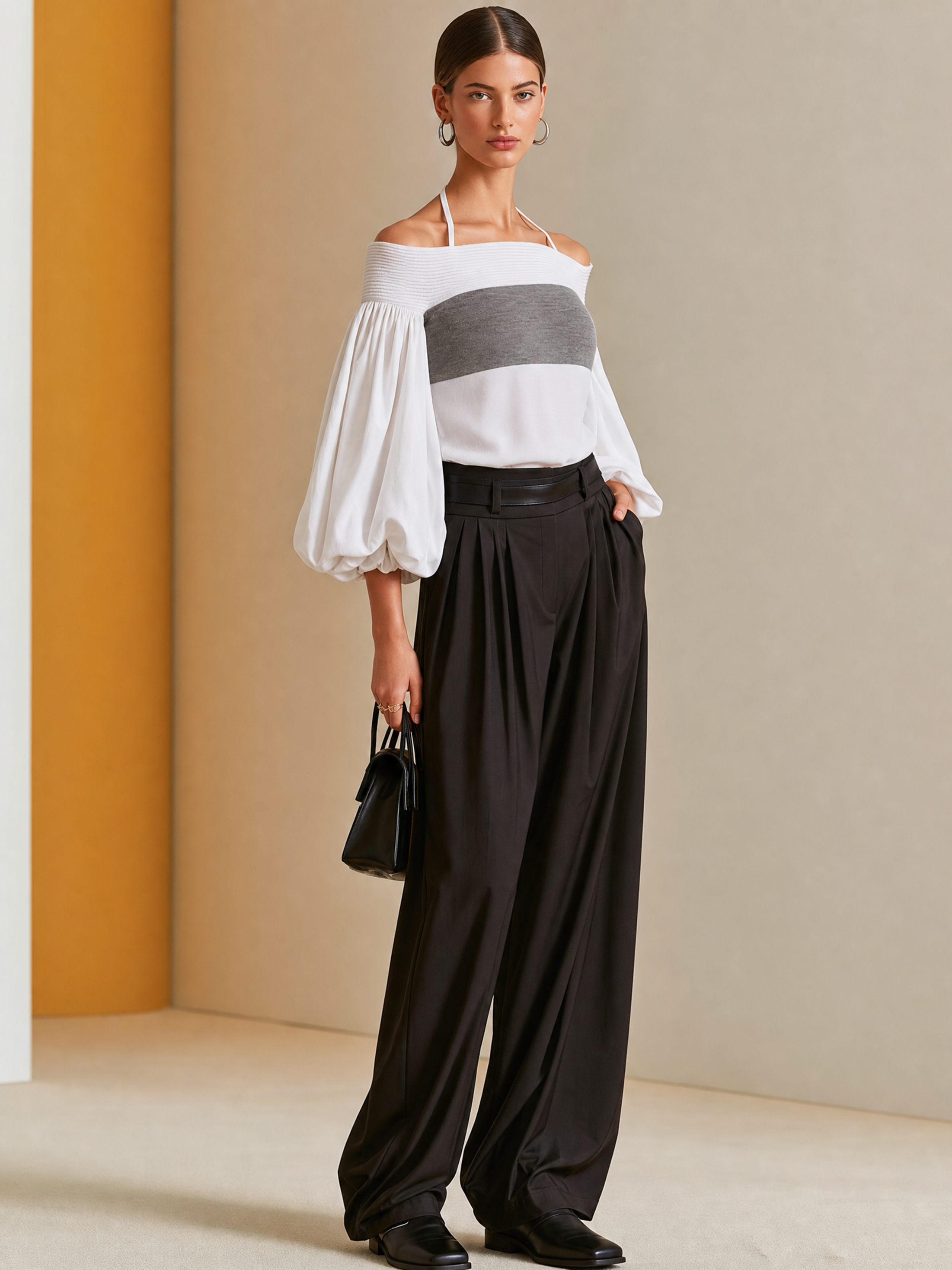 Elegant Knit Color Block Off Shoulder Top & Black Wide Leg Pants Set