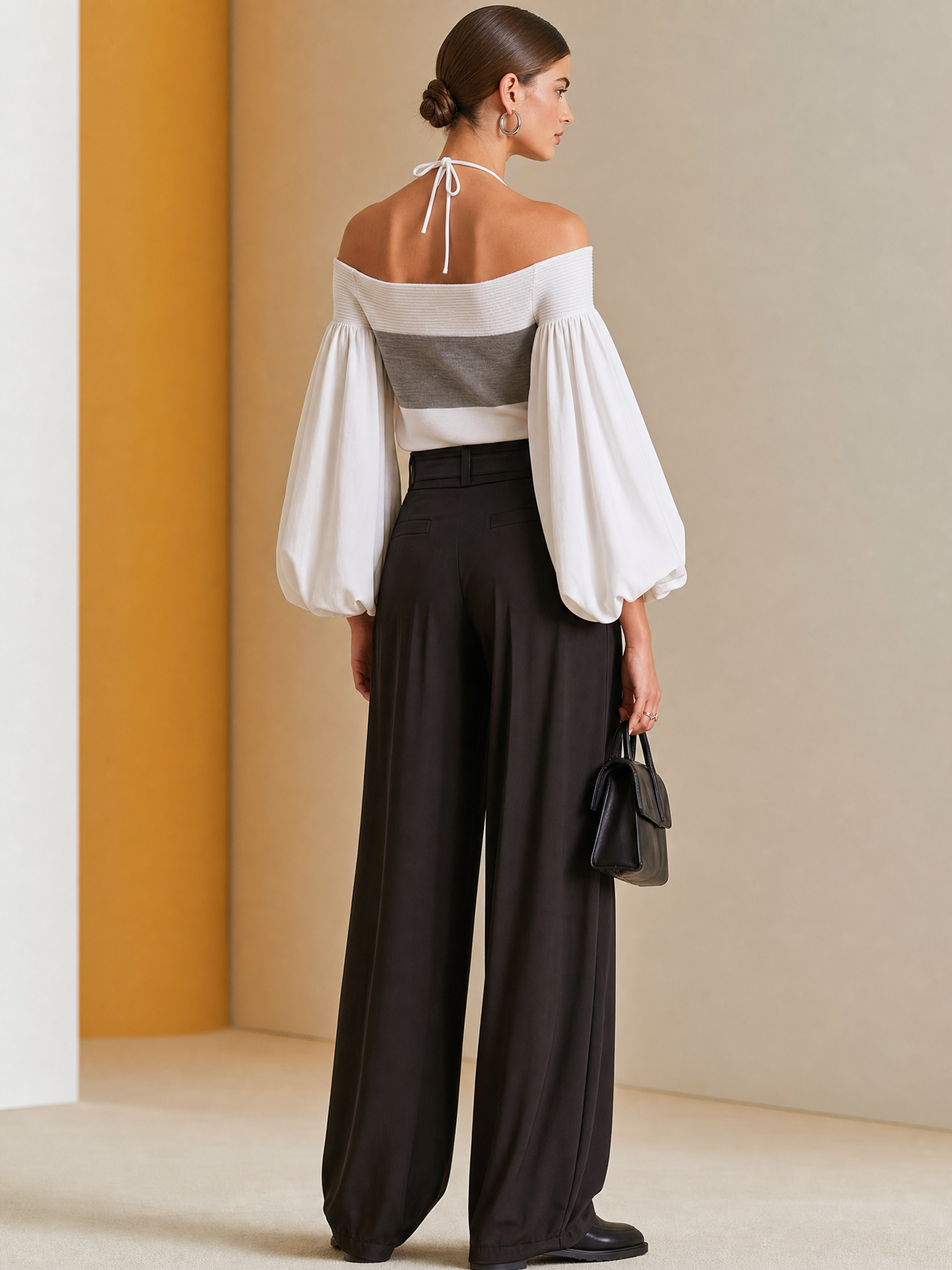 Elegant Knit Color Block Off Shoulder Top & Black Wide Leg Pants Set
