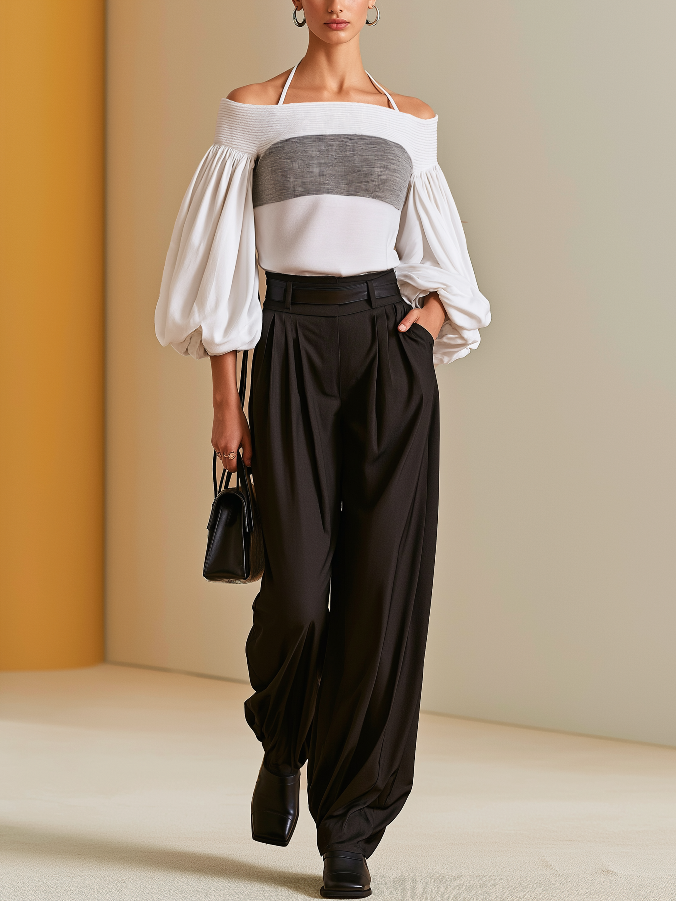 Elegant Knit Color Block Off Shoulder Top & Black Wide Leg Pants Set