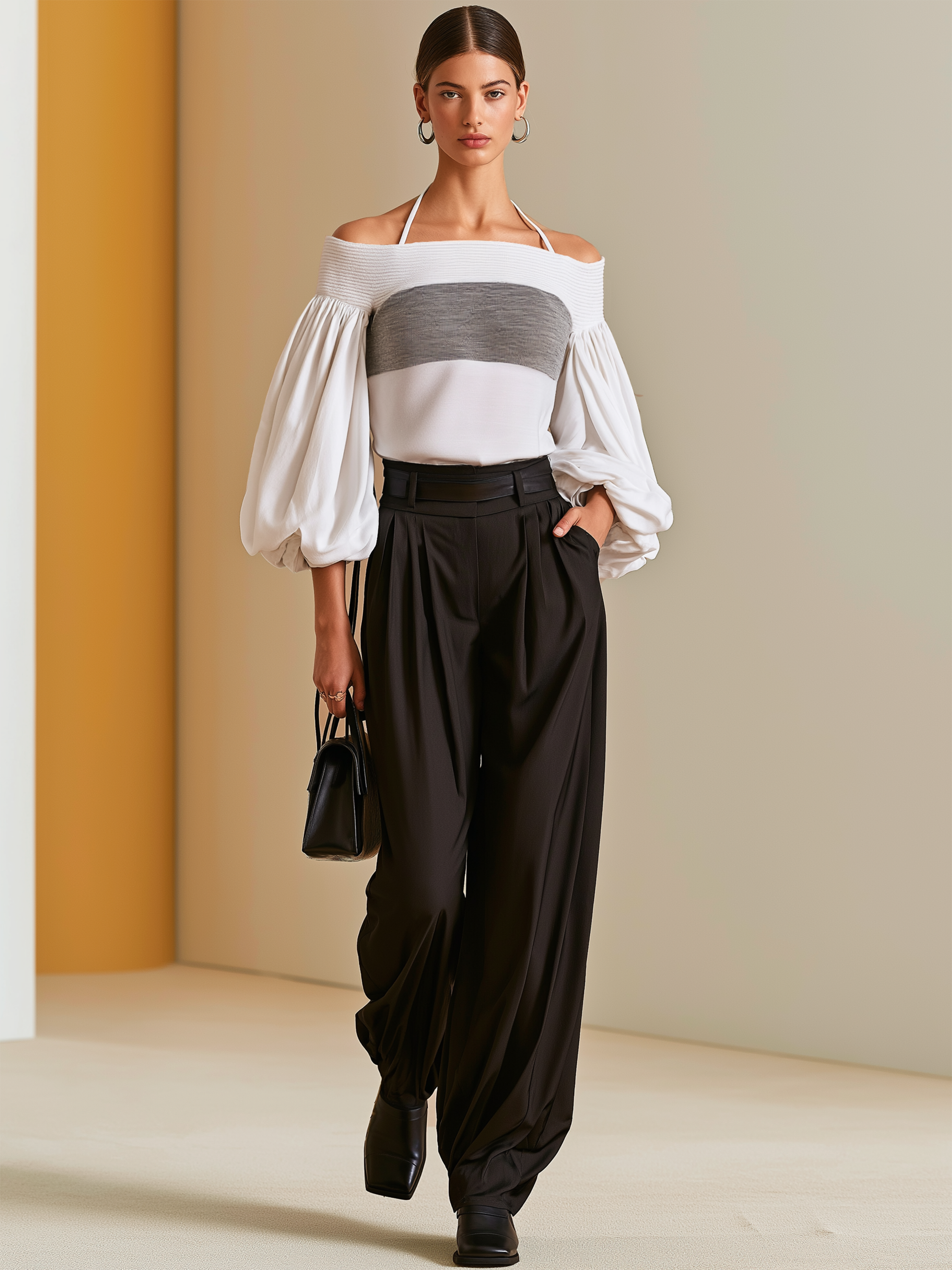 Elegant Knit Color Block Off Shoulder Top & Black Wide Leg Pants Set