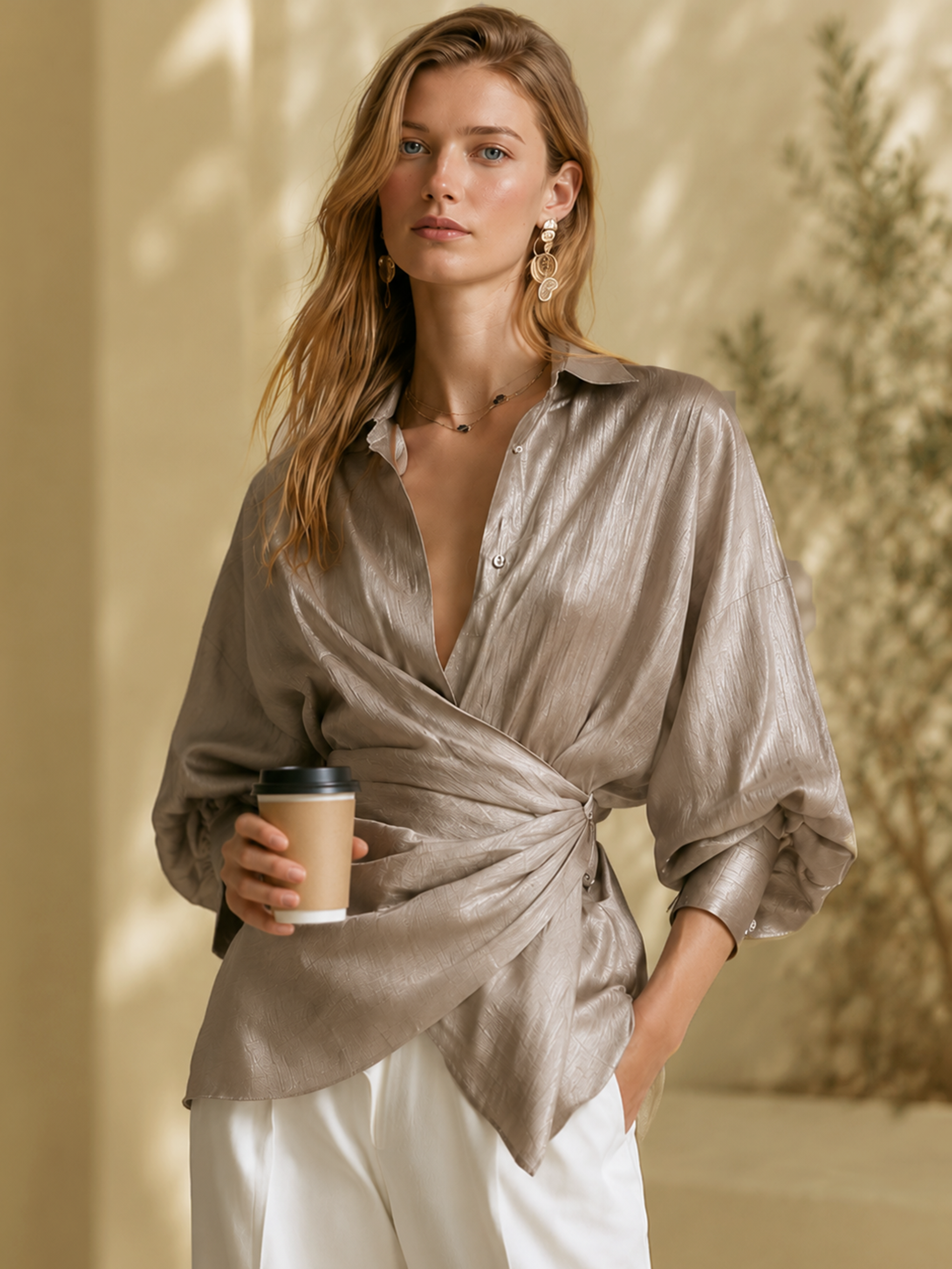 Elegant Taupe Wrap Shirt Blouse