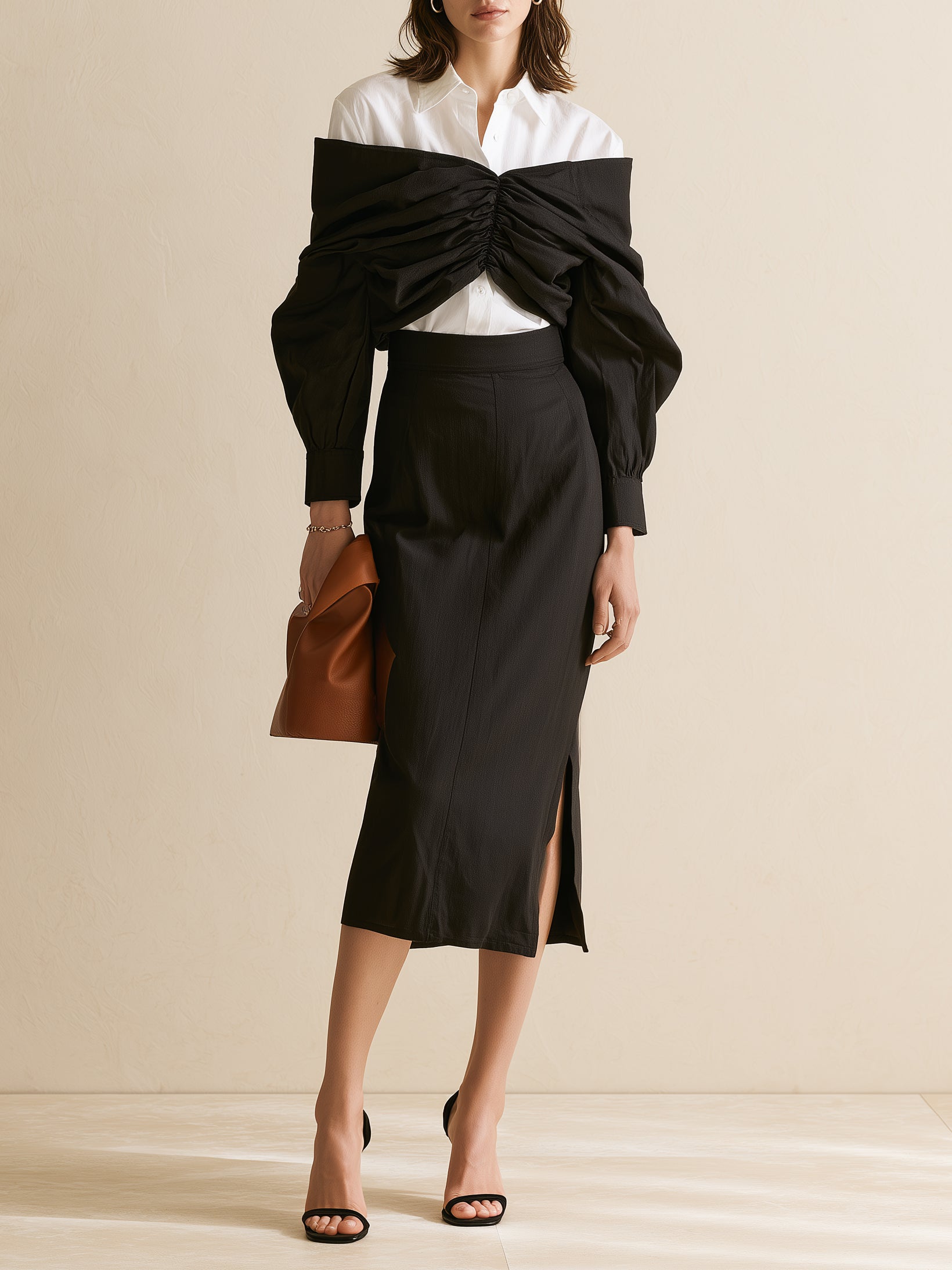 Black And White Off-shoulder "faux-layered" Top Set