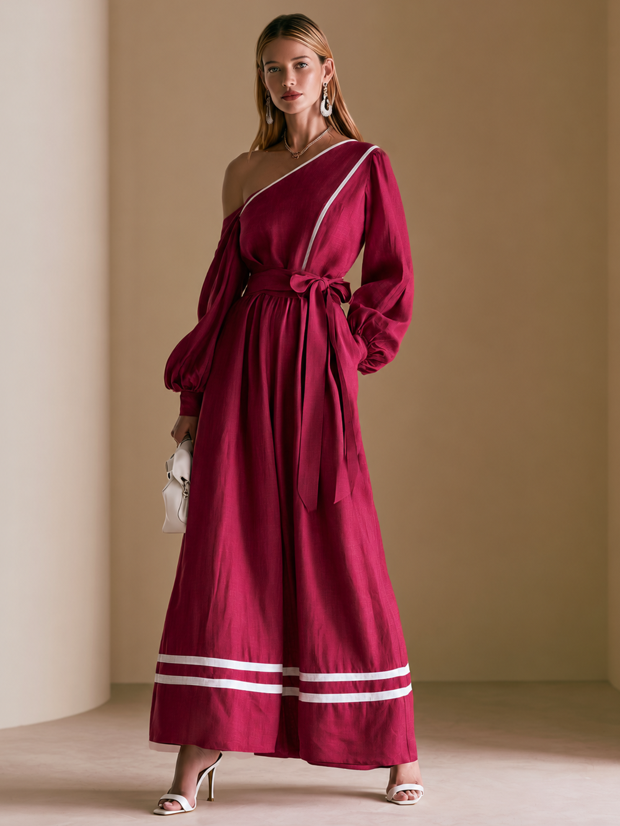 Elegant Fuchsia Pink Linen Blend One-Shoulder Jumpsuit