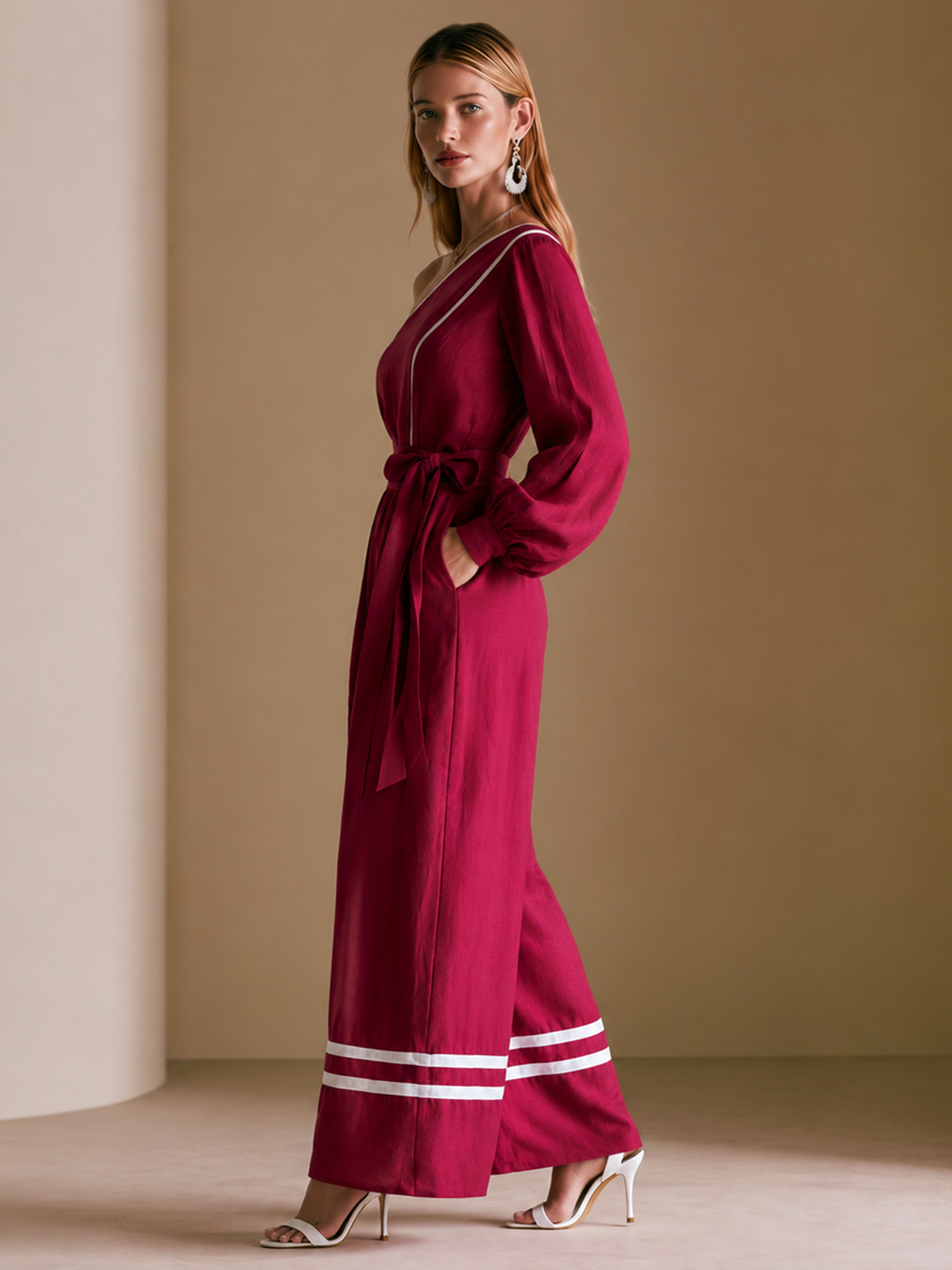 Elegant Fuchsia Pink Linen Blend One-Shoulder Jumpsuit