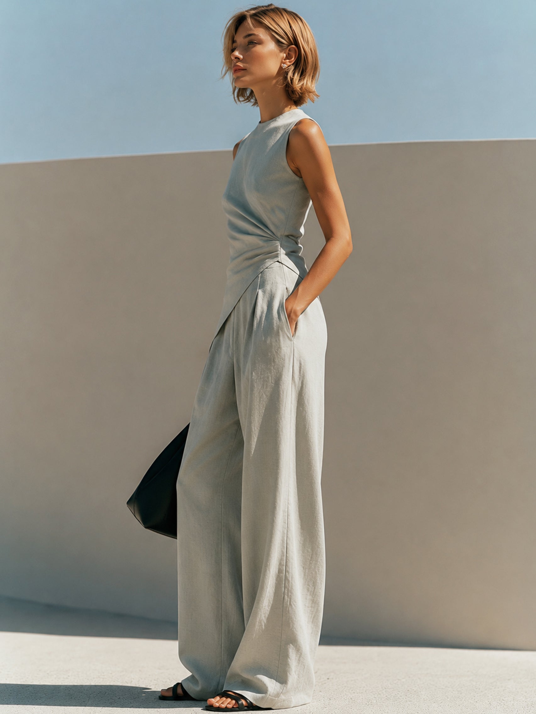 ✦ SHIP WITHIN 24HRS ✦ Linen Grey Asymmetric Top & Wide Leg Trouser Set