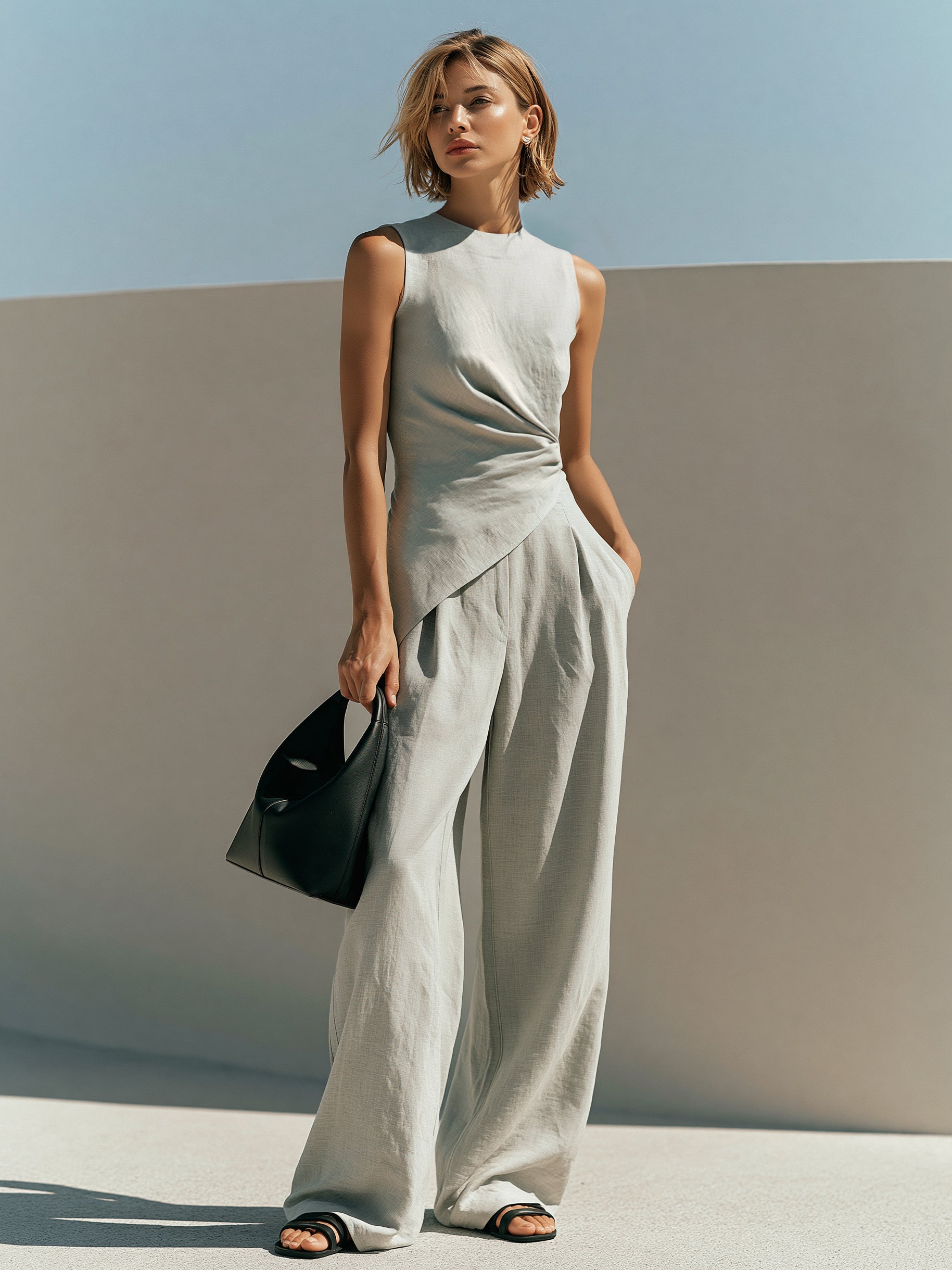 ✦ SHIP WITHIN 24HRS ✦ Linen Grey Asymmetric Top & Wide Leg Trouser Set