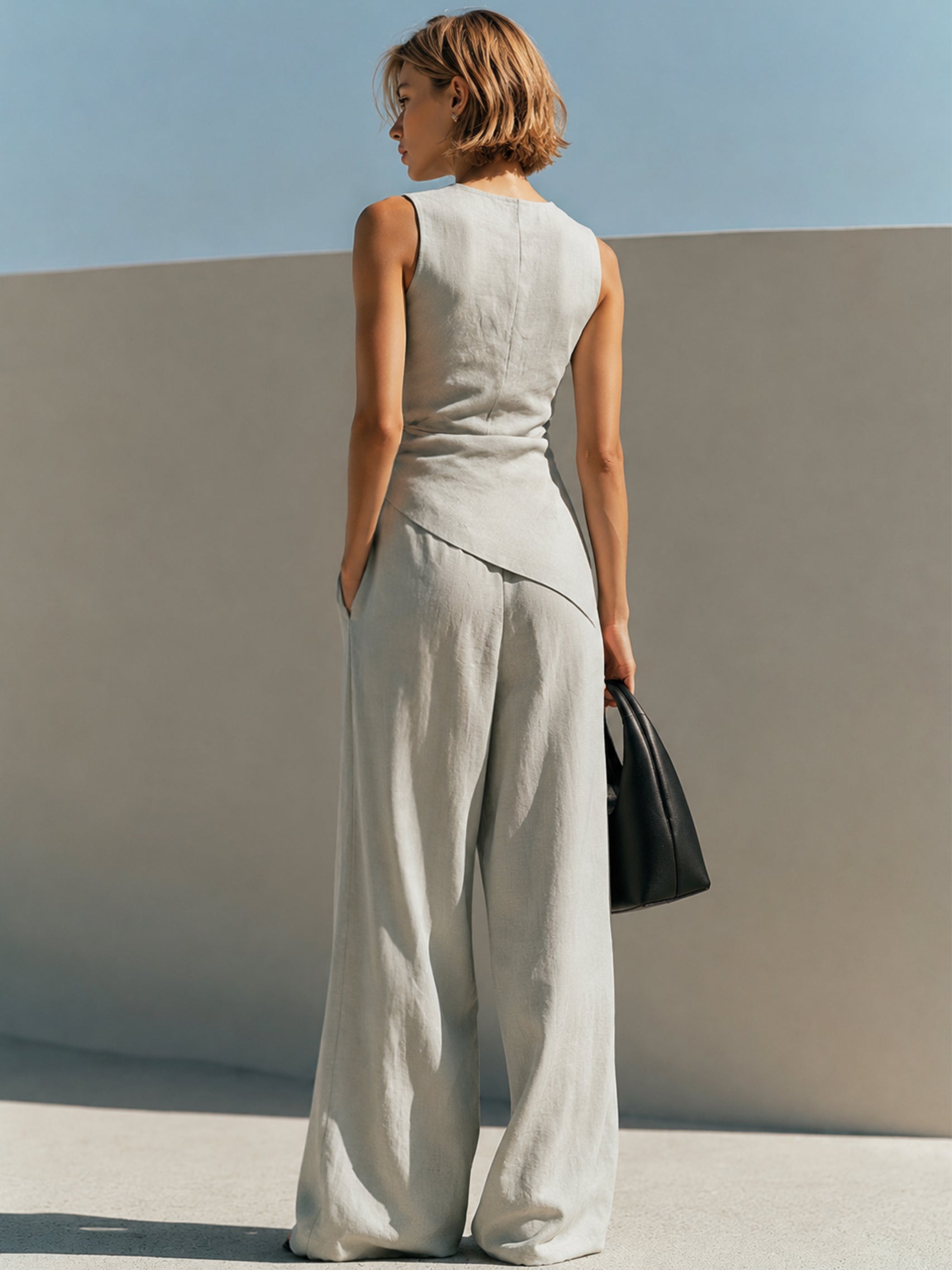 ✦ SHIP WITHIN 24HRS ✦ Linen Grey Asymmetric Top & Wide Leg Trouser Set