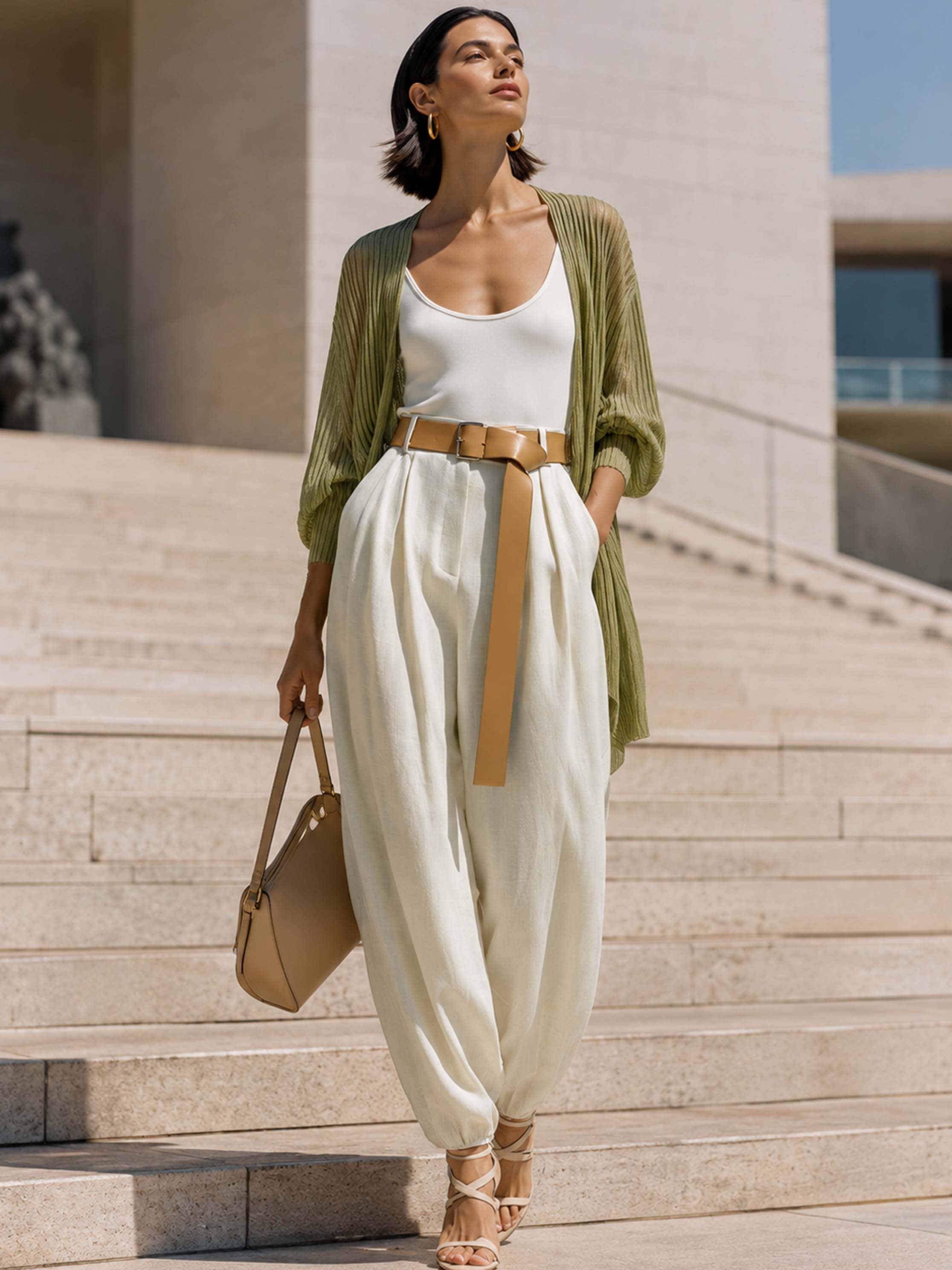 Elegant Relax Tencel Knit Olive Green Vertical Stripe Lantern Sleeve Cardigan