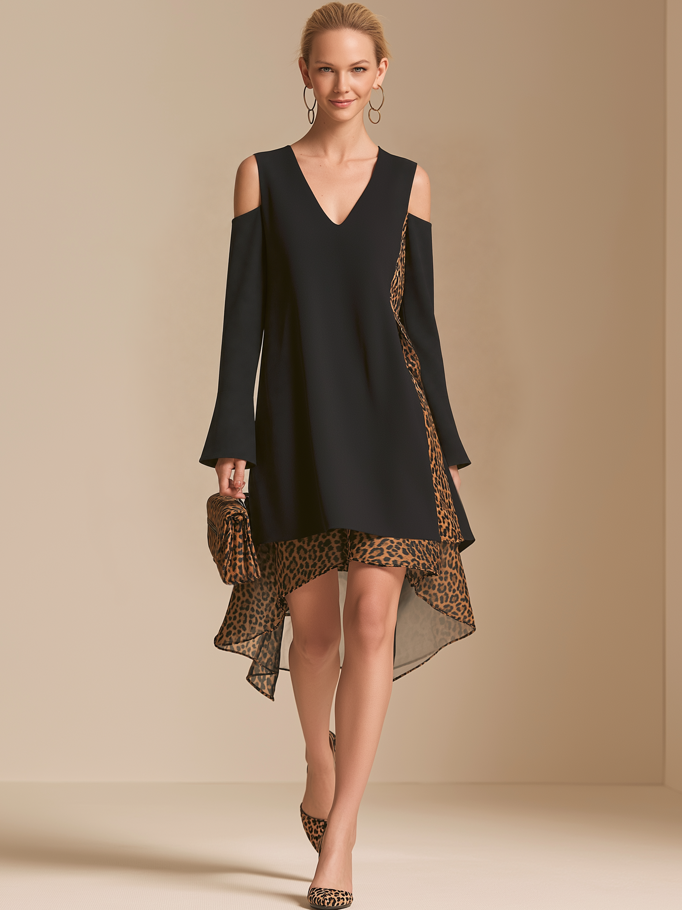 Elegant Relaxed Leopard Patch Cold Shoulder Asymmetrical Mini Dress