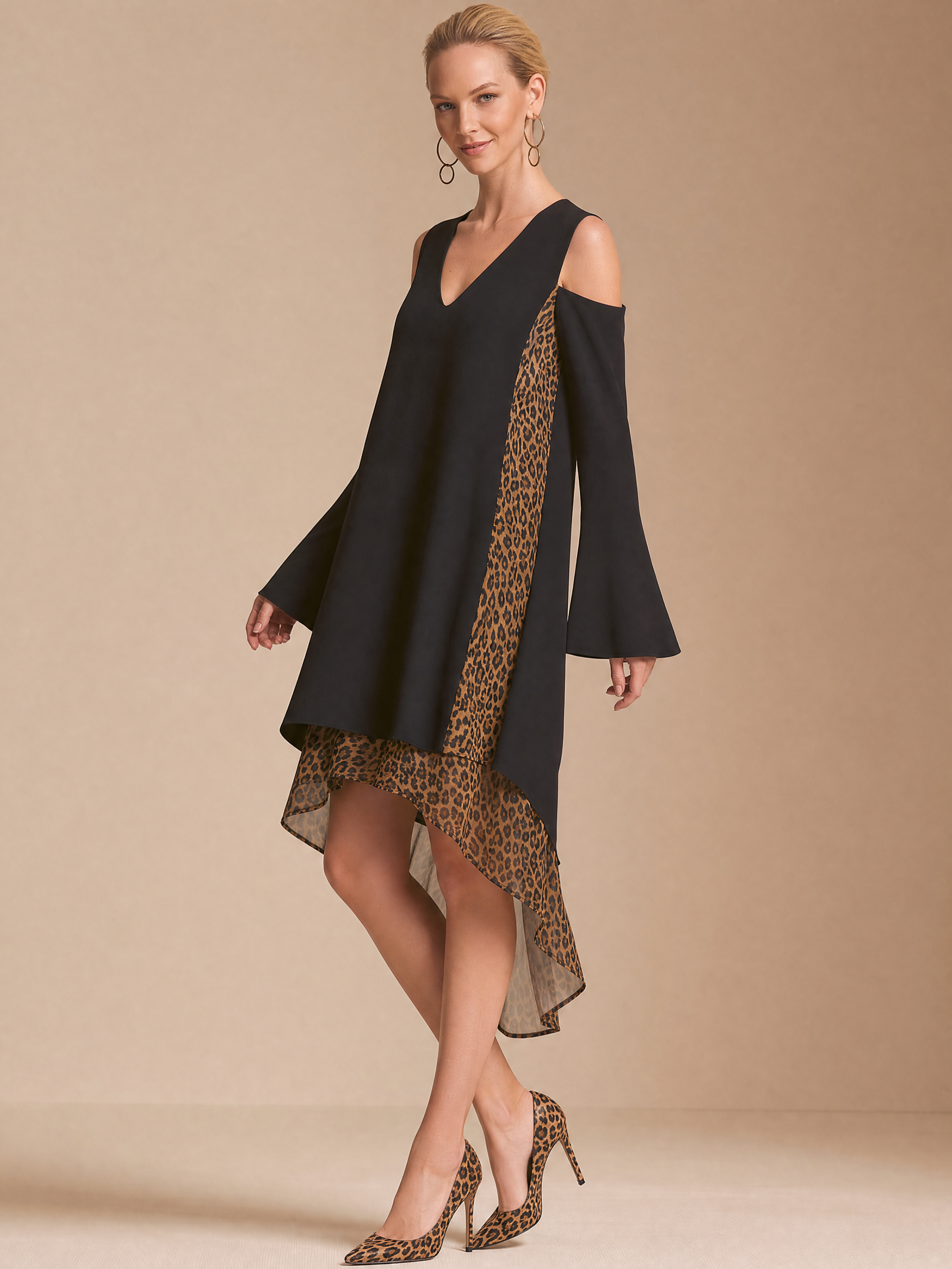 Elegant Relaxed Leopard Patch Cold Shoulder Asymmetrical Mini Dress