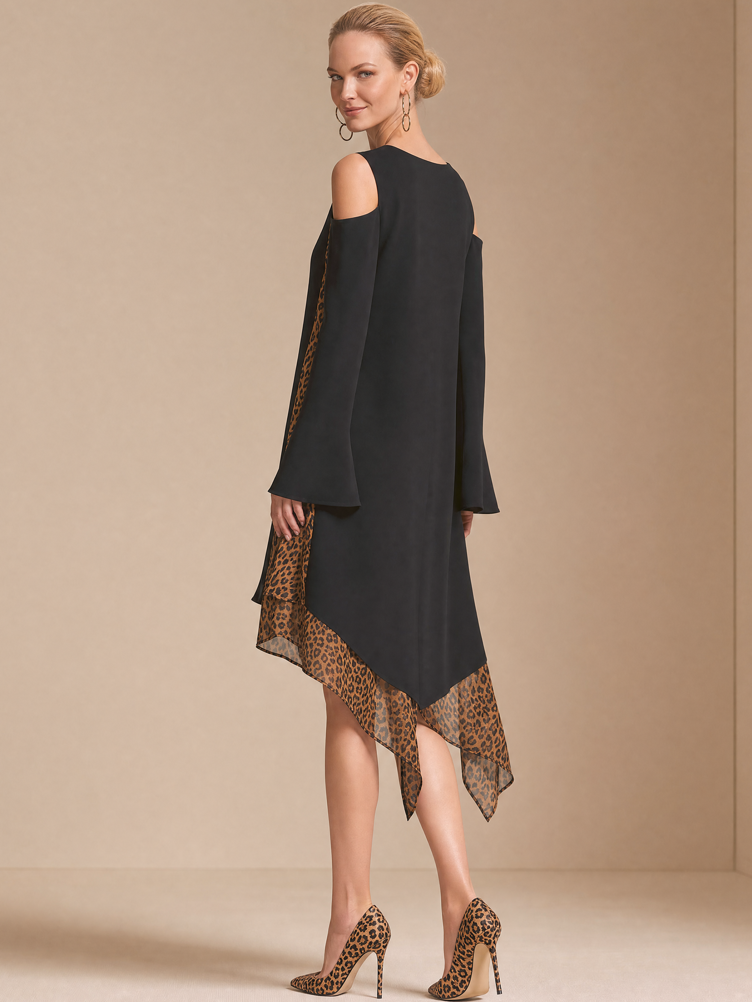 Elegant Relaxed Leopard Patch Cold Shoulder Asymmetrical Mini Dress