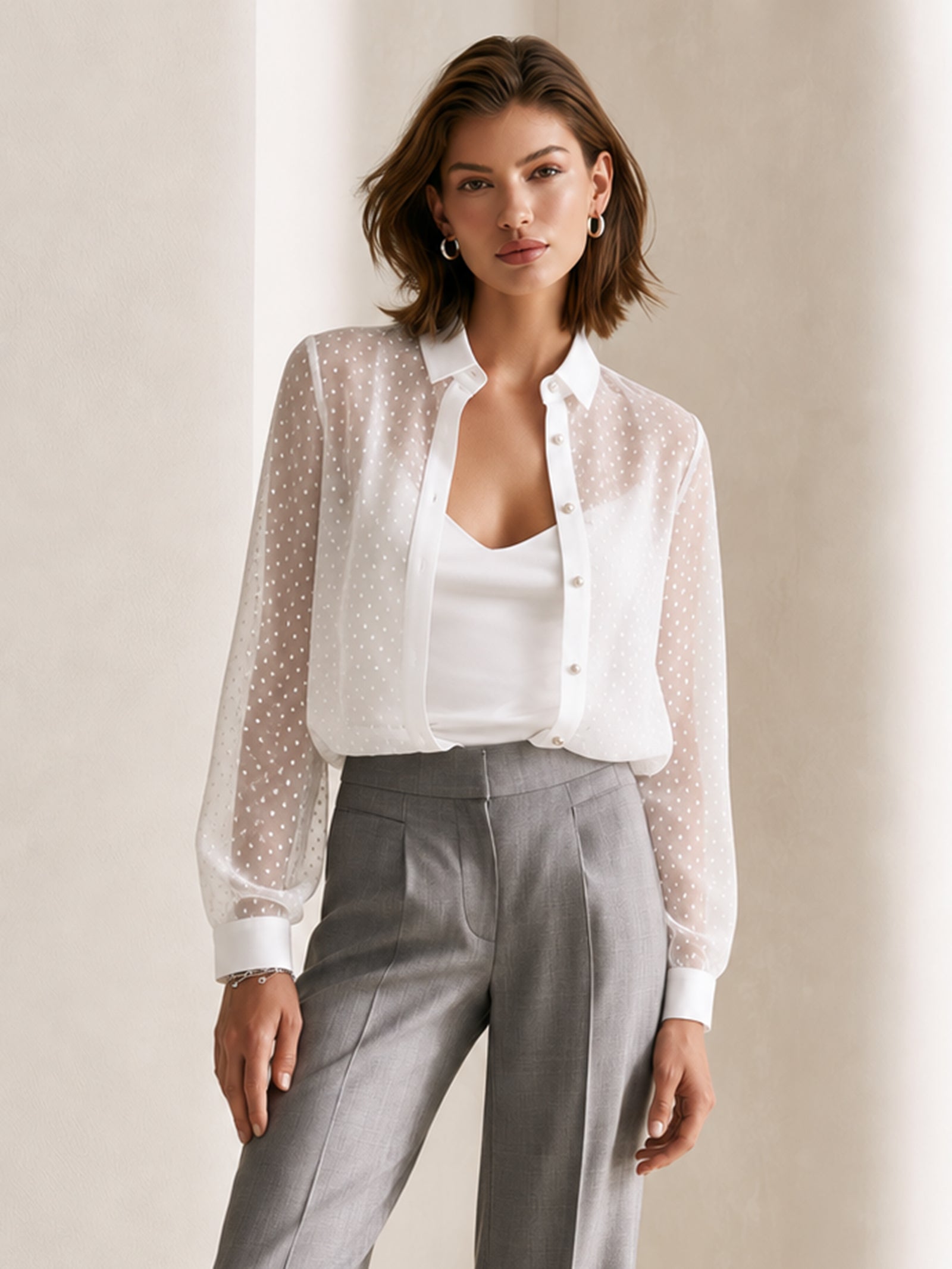 Elegant White Sheer Polka-dot Chiffon Shirt