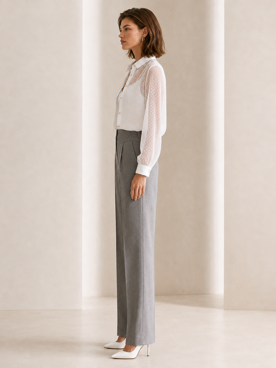 Elegant White Sheer Polka-dot Chiffon Shirt
