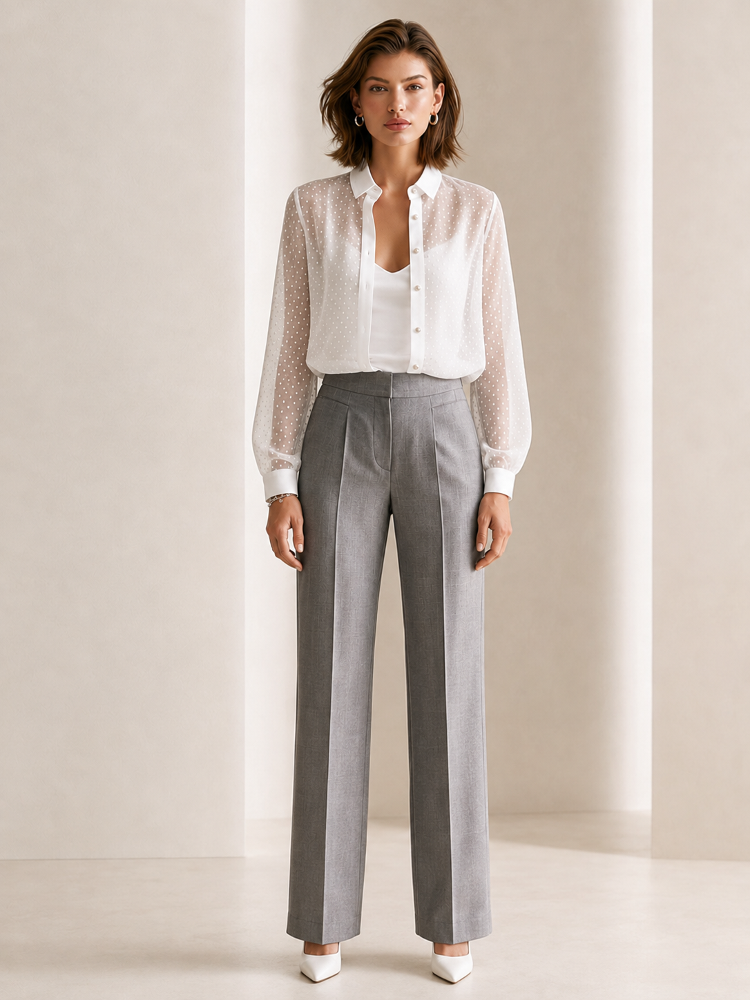 Elegant White Sheer Polka-dot Chiffon Shirt